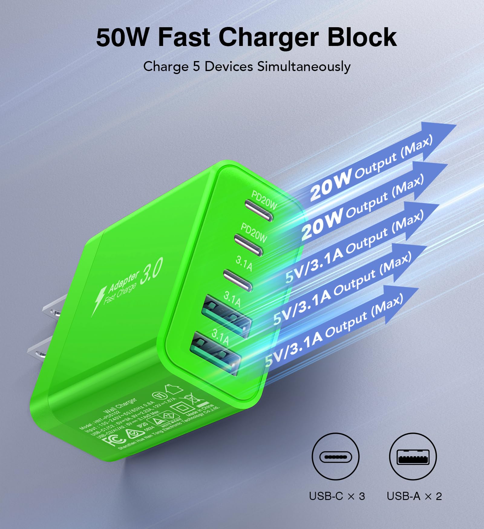 USB C Charger Block, [2-Pack] 50W 5-Port Fast Charger 20W Type C Charging Block 3.1A USB Wall Charger Dual Port PD+QC Charging Cube for iPhone 16 15 14 13 12 11 Pro Max XS, iPad, Samsung, Green 4