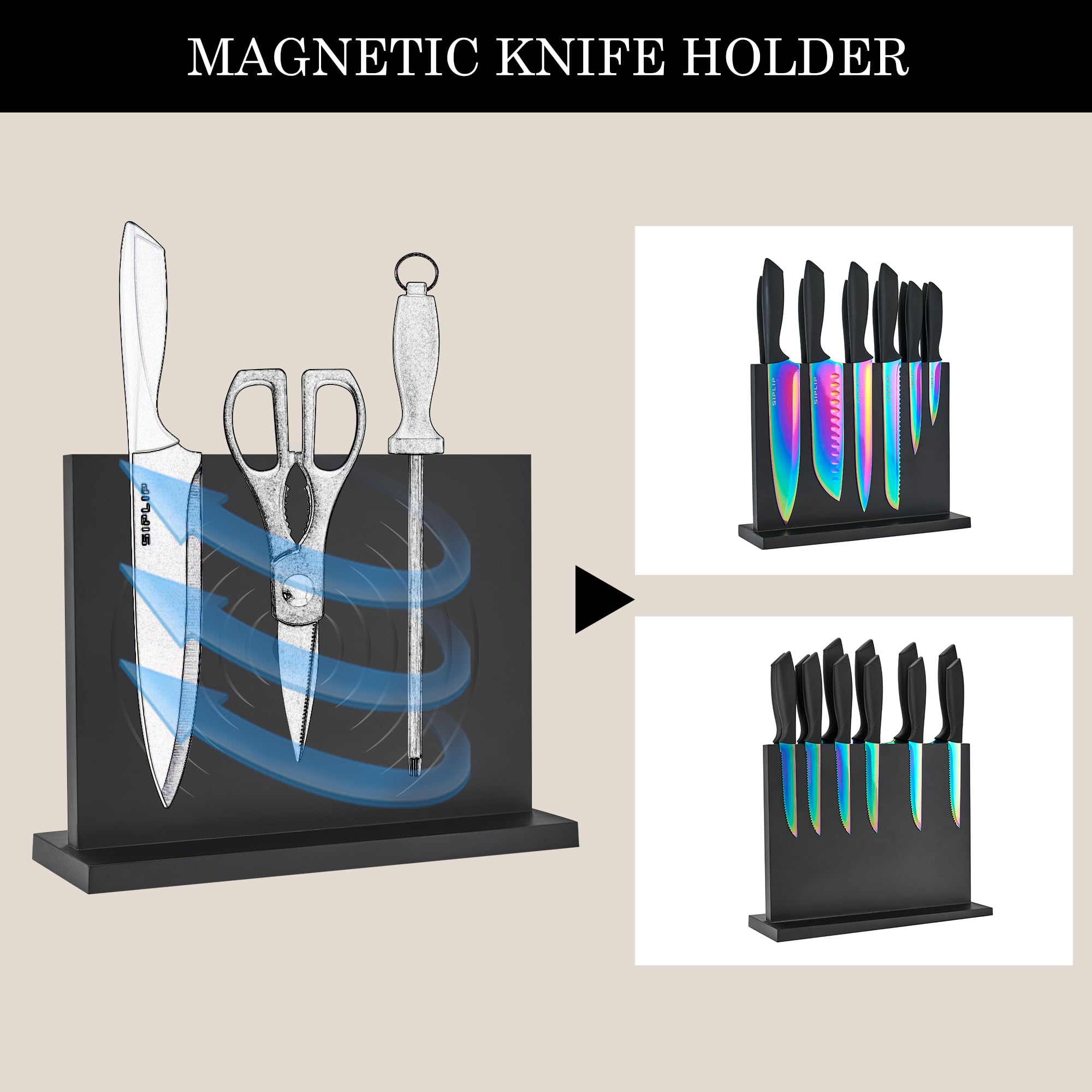 SipLip Kitchen knife set with Magnetic knife holder, 15 pieces high carbon stainless steel sharp kitchen knife set including chef's knife, bread knife, serrated steak knife set, knife sharpener 6