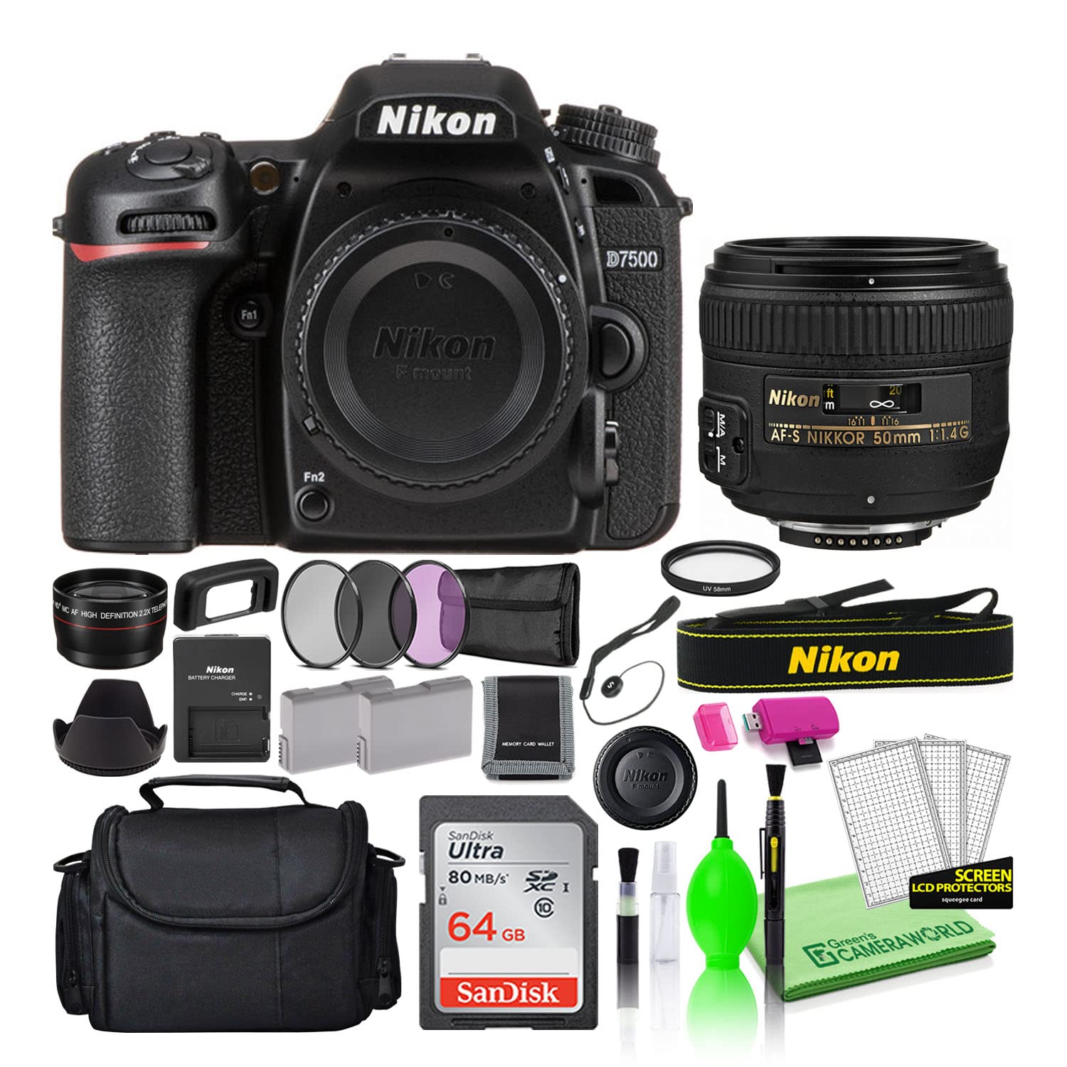 Nikon D7500 20.9MP DSLR Digital Camera with AF-S 50mm f/1.4G Lens (1581) Deluxe Bundle -Includes- Sandisk 64GB SD Card + Large Camera Bag + Filter Kit + Spare Battery + Telephoto Lens + More
