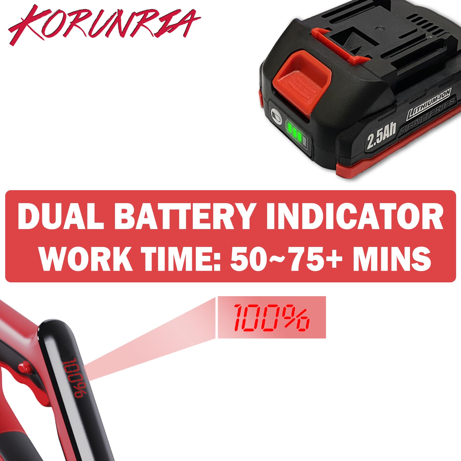 Korunria Brushless Cordless Weed Wacker & Edger & Lawn Mower with 2.5Ah Battery, Running Time 50~75 Mins Charger Included (Two 2.5AH Batteries) 6