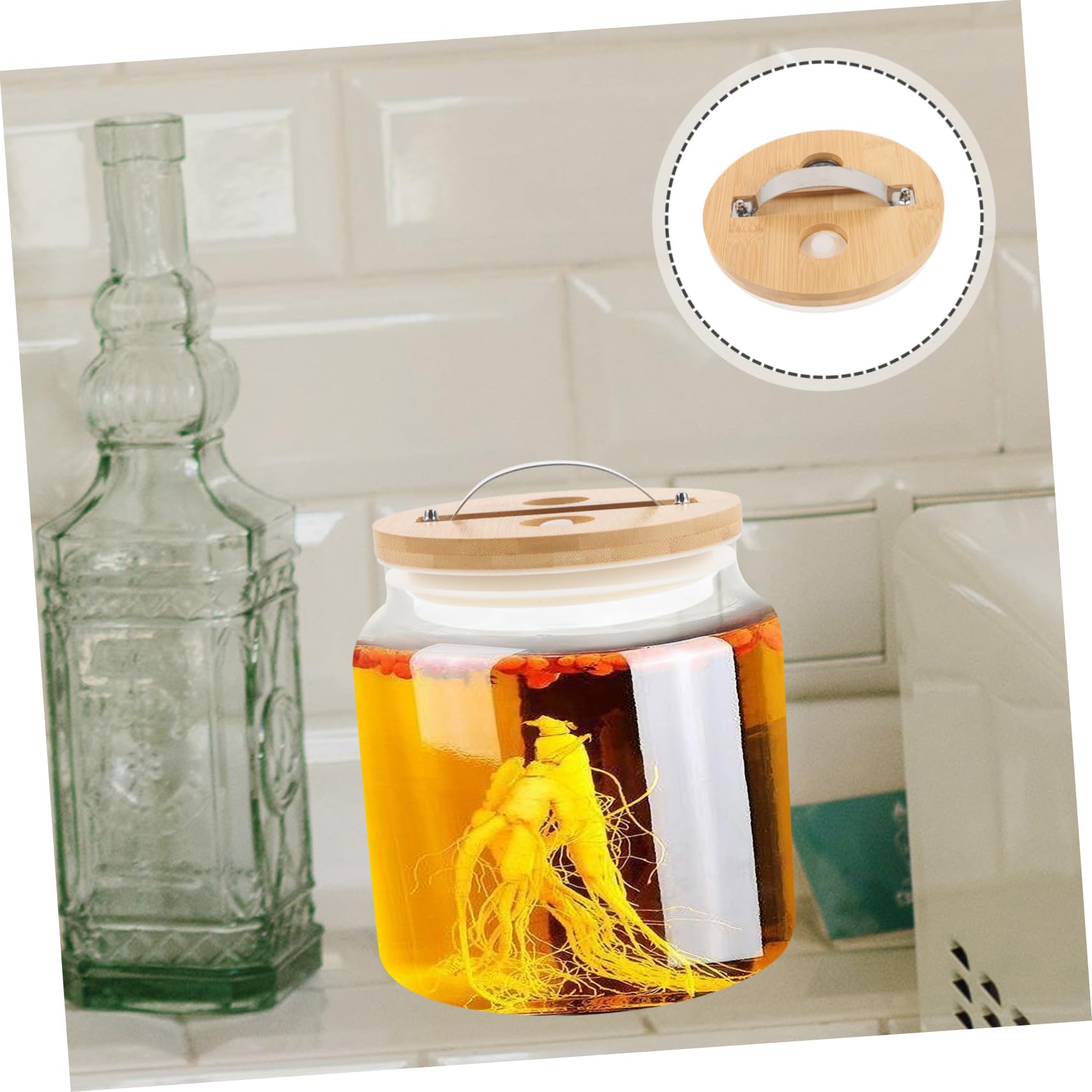 BEBEMOKO Automatic Exhaust Valve Bamboo Lid for Beverage Dispensers Glass Jar Covers 4