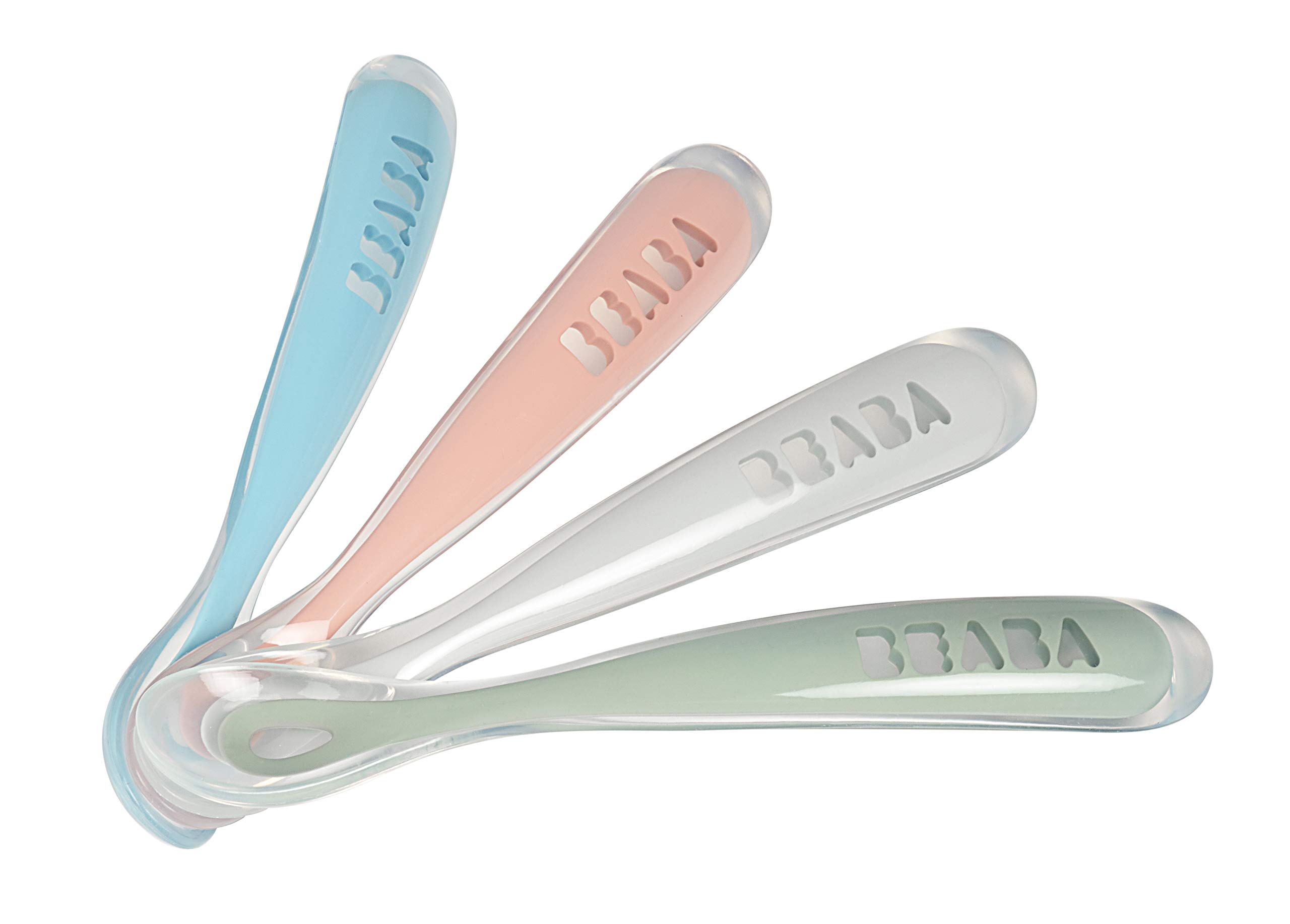 BEABA First Stage Baby Feeding Spoon Set, The Original Soft Tip Silicone Spoons for Babies, Gum Friendly BPA Lead Phthalate and Plastic Free, Great Gift Set (4 Pack), Rose 1