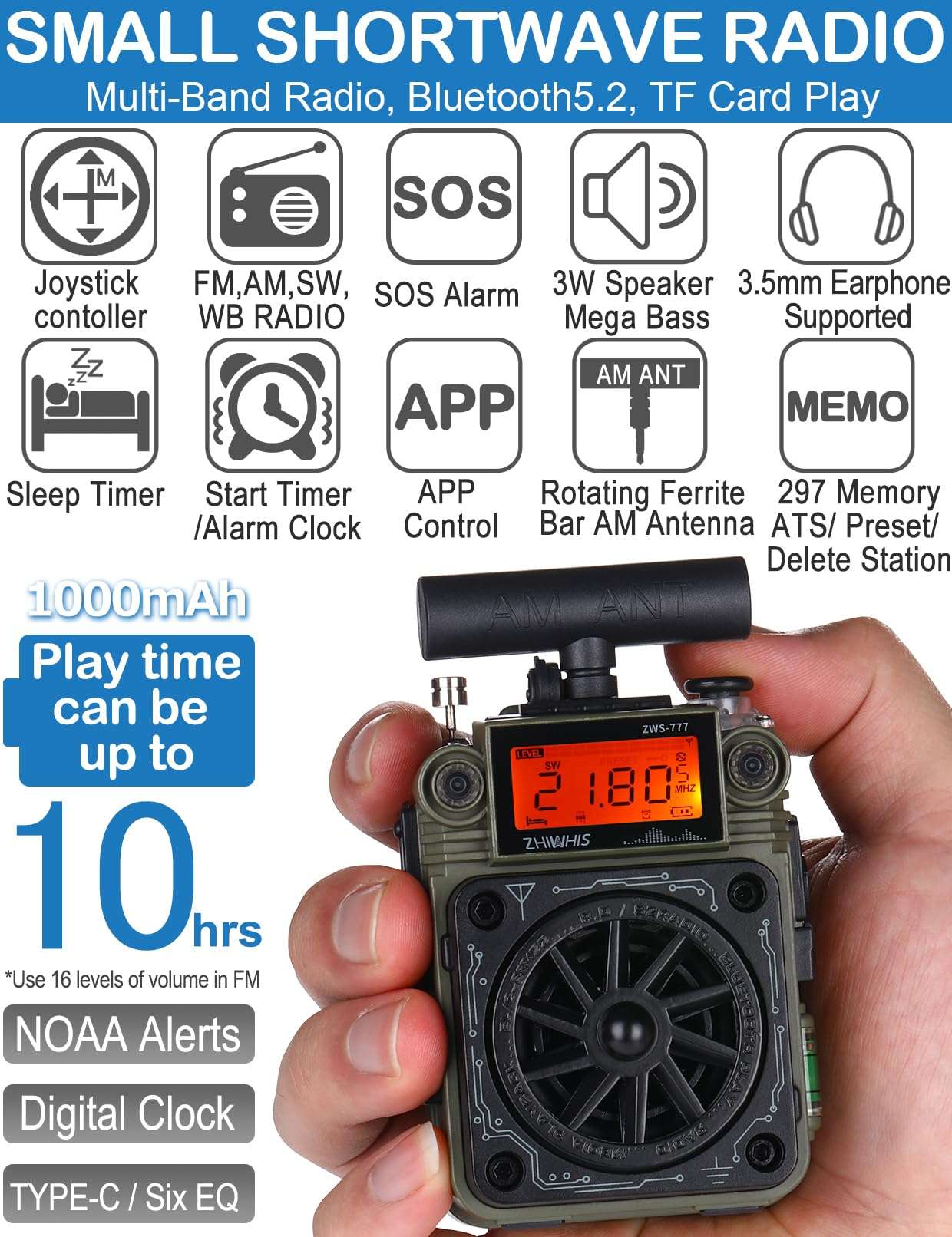 ZHIWHIS AM FM Shortwave Radio with Bluetooth and NOAA Alert, Small Rechargeable Radios with APP Control, Bass, SOS Alarm, Preset, T-Type Antenna, Emergency w/ 9.9 Ft Wire Antenna for Camping ZWS-777 3