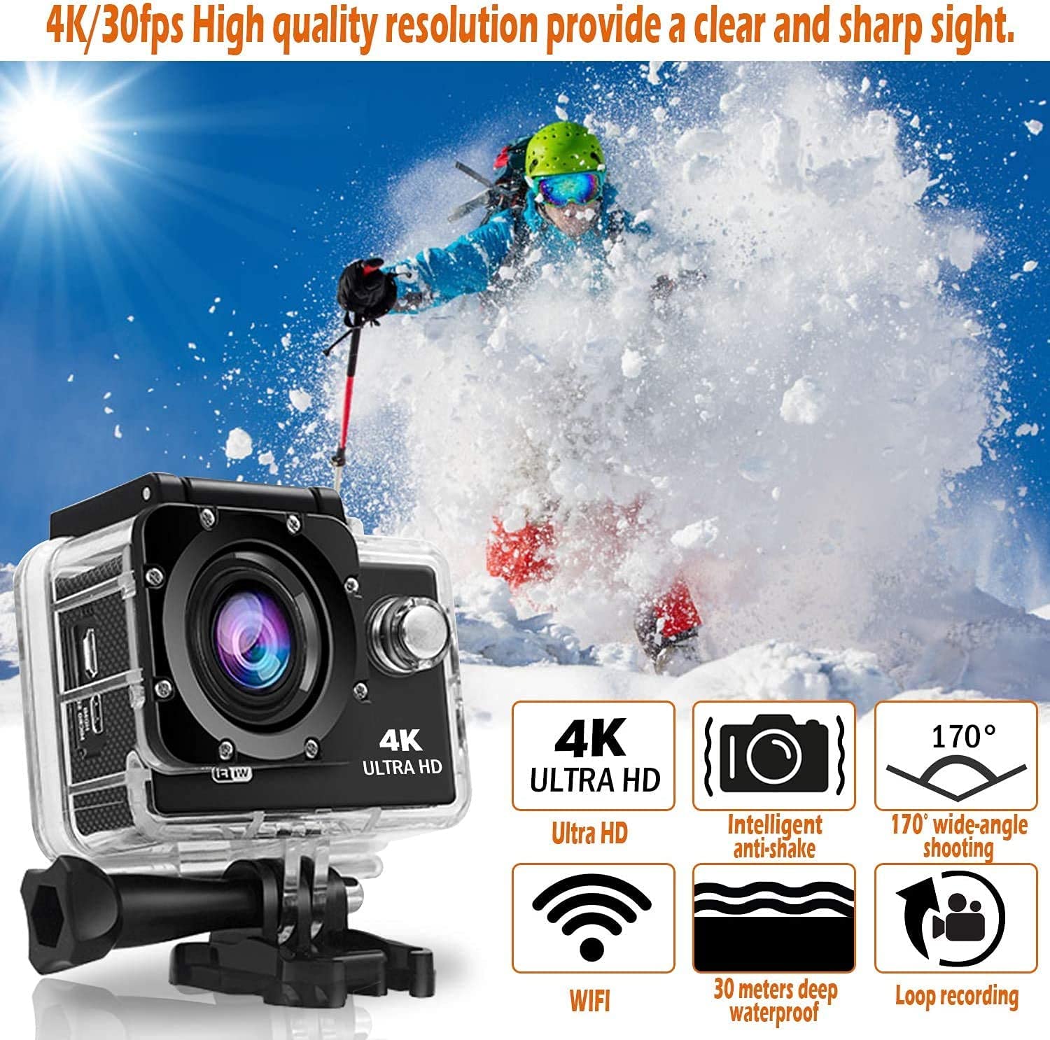Drumstone (12 Years Warranty 4K WiFi 30FPS Action Camera Ultra HD Underwater Camera 170 Degree Wide Angle 98FT Waterproof Camera for Youtuber/Bike Rider's/Helmet/Stunt Recorder| for Vlog & Travel 4