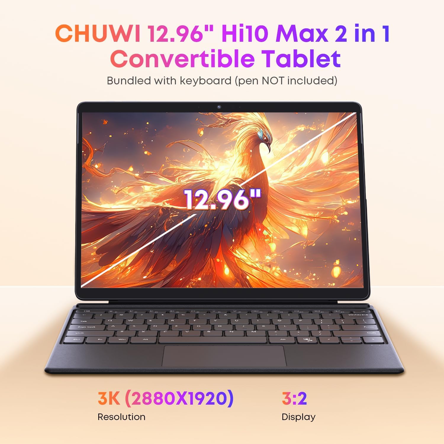 CHUWI 2024 Hi10 Max 2 in 1 Tablet, 12.96" Windows 11 Touchscreen Tablet with Keyboard, 512GB SSD 12GB LPDDR5 RAM,Intel N100(up to 3.4GHz),3K FHD IPS,WiFi 6,Bluetooth 5.2,Dual Camera,HDMI,Type C,USB3.2 5