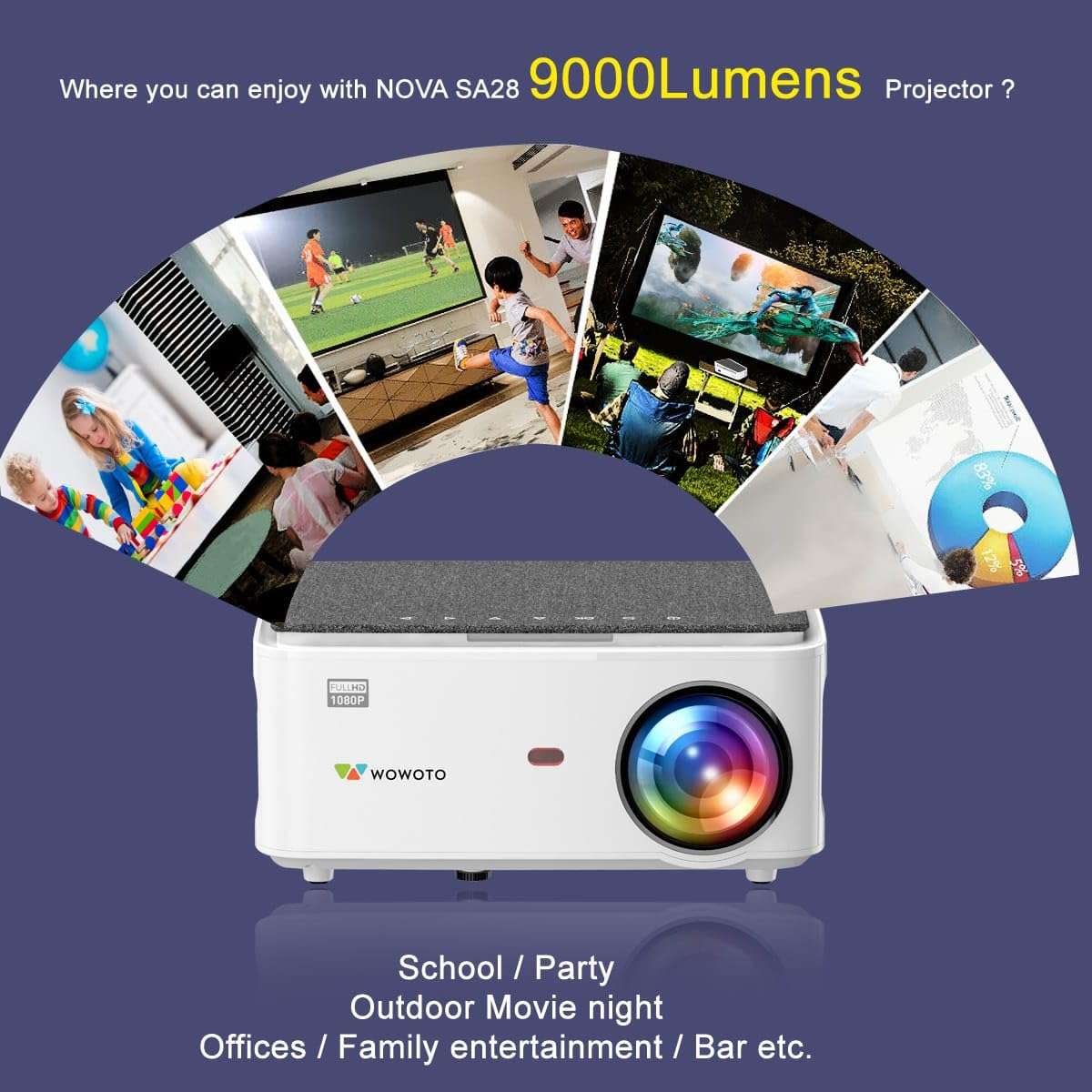 WOWOTO Crysta Pro Max Automatic Projector Android 9 | 6D Auto Keystone | 1GB RAM- 8GB ROM | FHD 1080p Native 4K Support | Ultra Bright 9000L & Wireless Mirroring | 5W speaker | Dolby, WiFi + Bluetooth 4