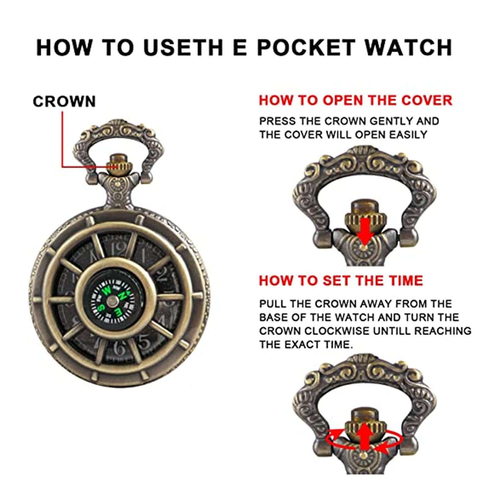 Vintage Pocket Watch, Quartz Pocket Watch Out Dial Compass Men Pocket Watch With Chain Quartz For Quartz Movement Hollow With Chain Black 4