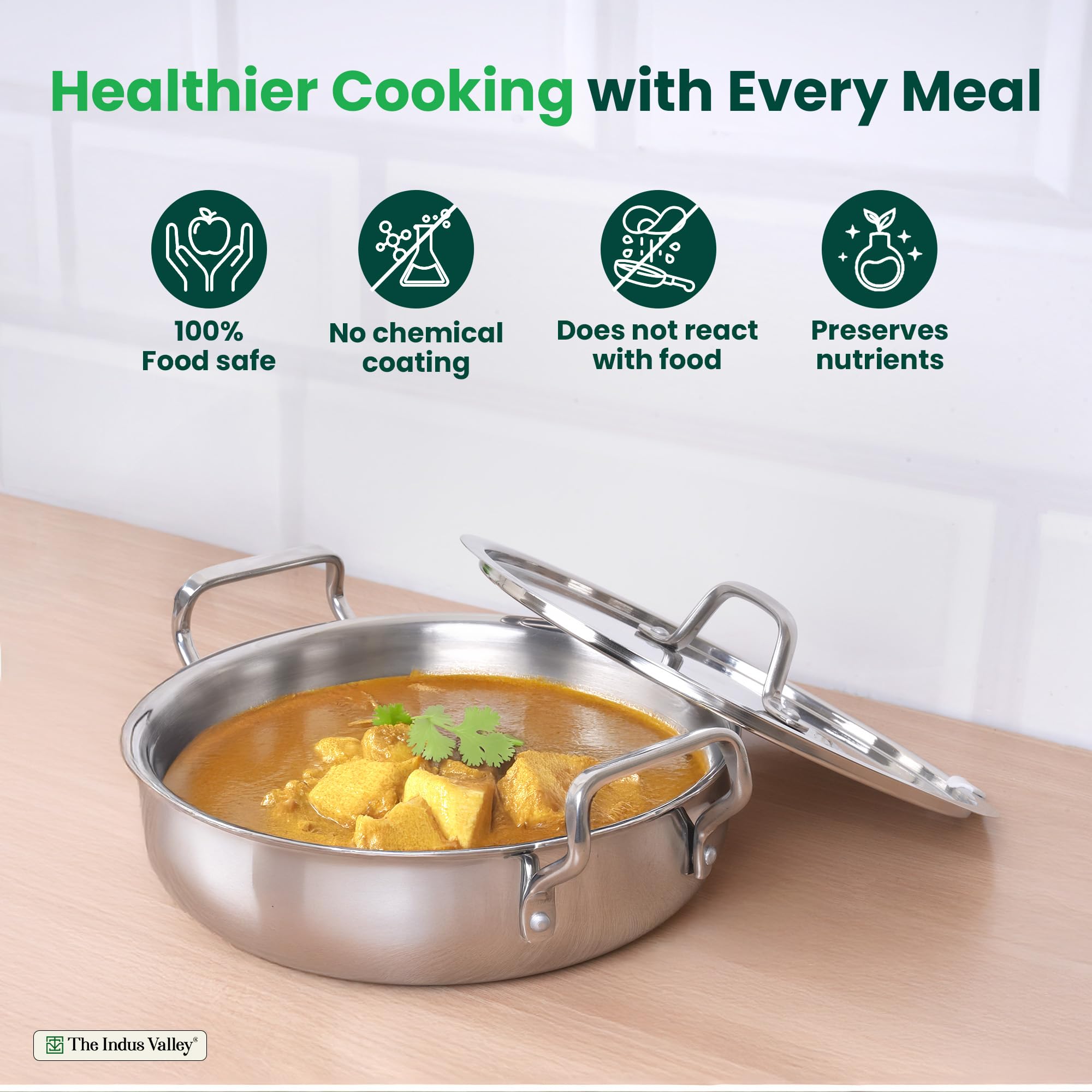 The Indus Valley Triply Stainless Steel Biryani Pot with SS Lid 4.6 Litre/Stock Pot/Serve Handi/Uruli | Induction Friendly | Nonstick 3-Layer Body-2.2kg 4