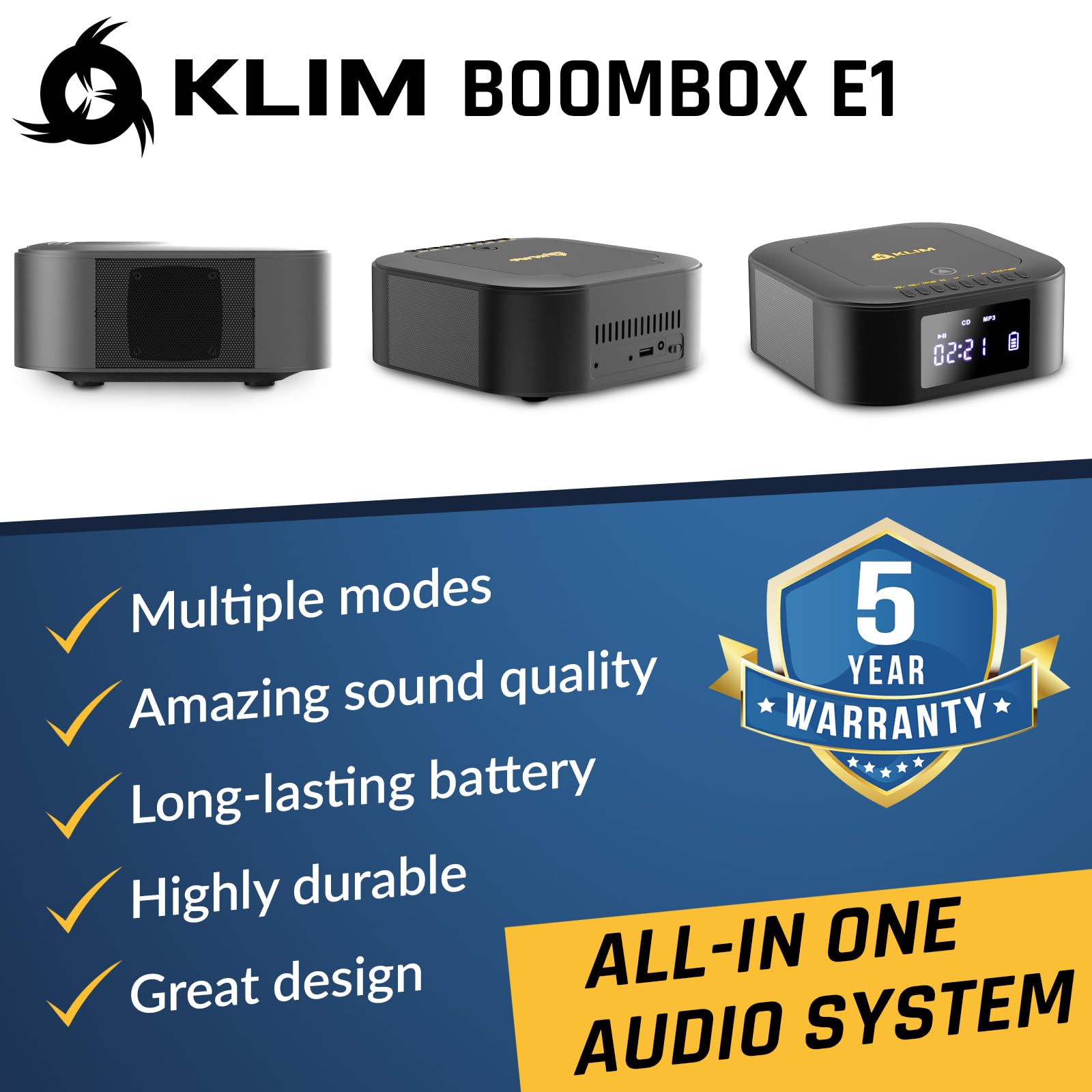KLIM Boombox E1 – Portable CD Player with Subwoofer – Extra Bass, Bluetooth, FM Radio, USB, AUX, MP3 – Rechargeable Battery, Wired & Wireless Modes, Remote Control – Black/Gold 3