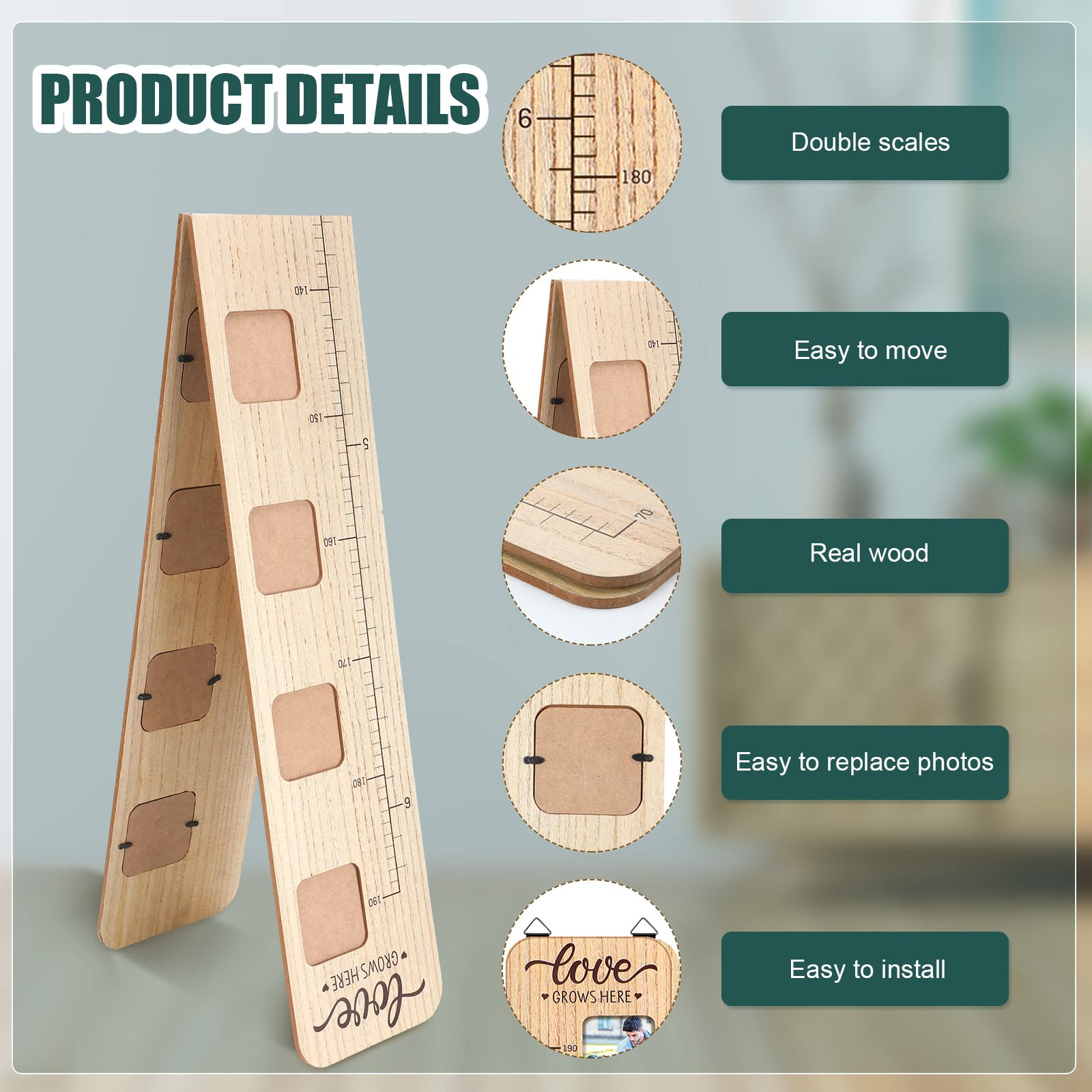 Wood Growth Chart for Kids with Picture Frames Boho Wooden Height Measurement Ruler Milestone Markers Foldable Height Chart for Kids Measuring Chart for Wall Boy Girl Room Nursery Decor Keepsake Gift 4
