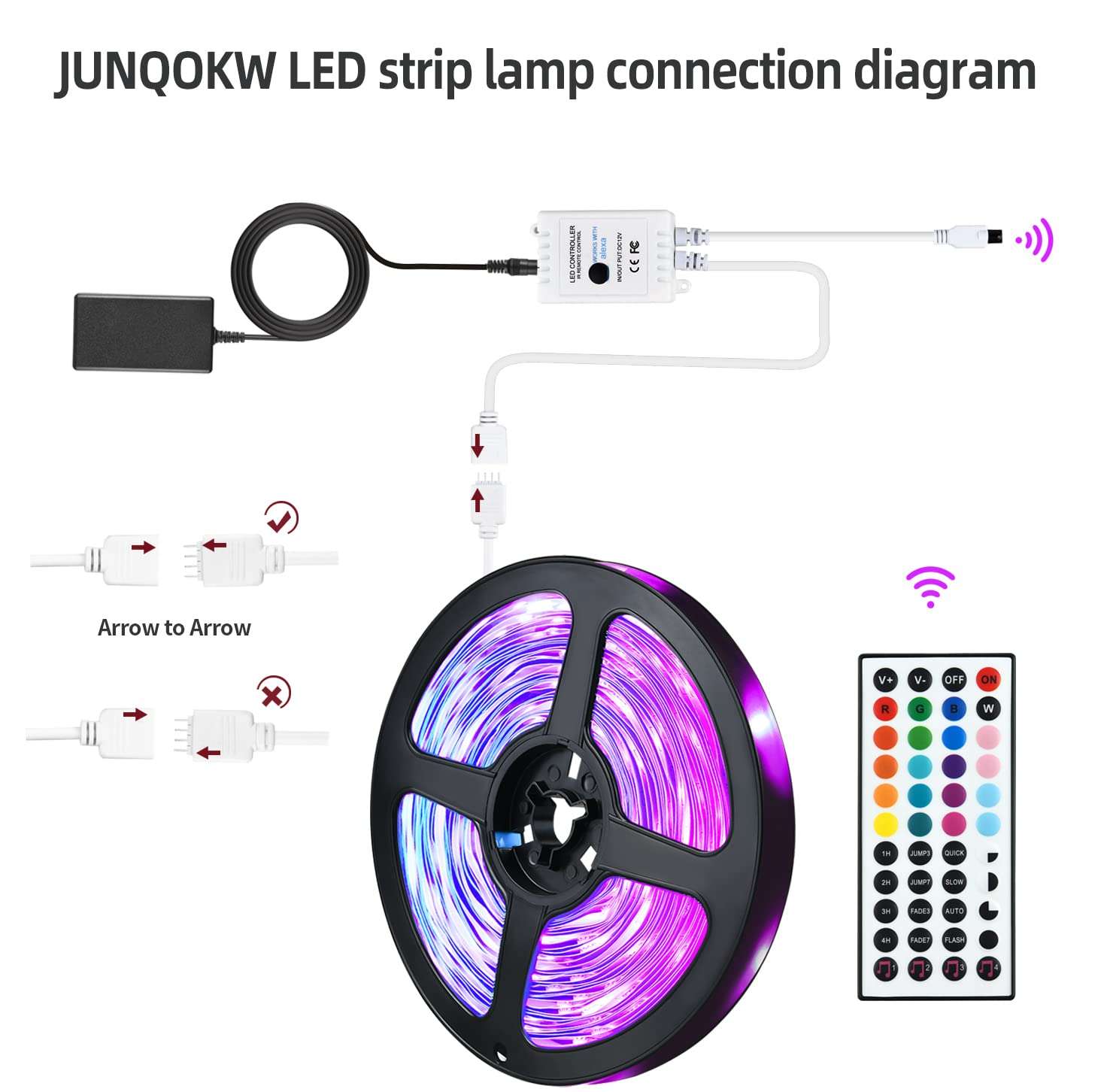 JUNQOKW 65.6ft Smart LED Strip Lights for Bedroom Music Sync LED Light Strips Work with Alexa,5050 RGB Color Changing LED Kit Lights with 44 Keys IR Remote Control,Home and Kitchen Decorations 6