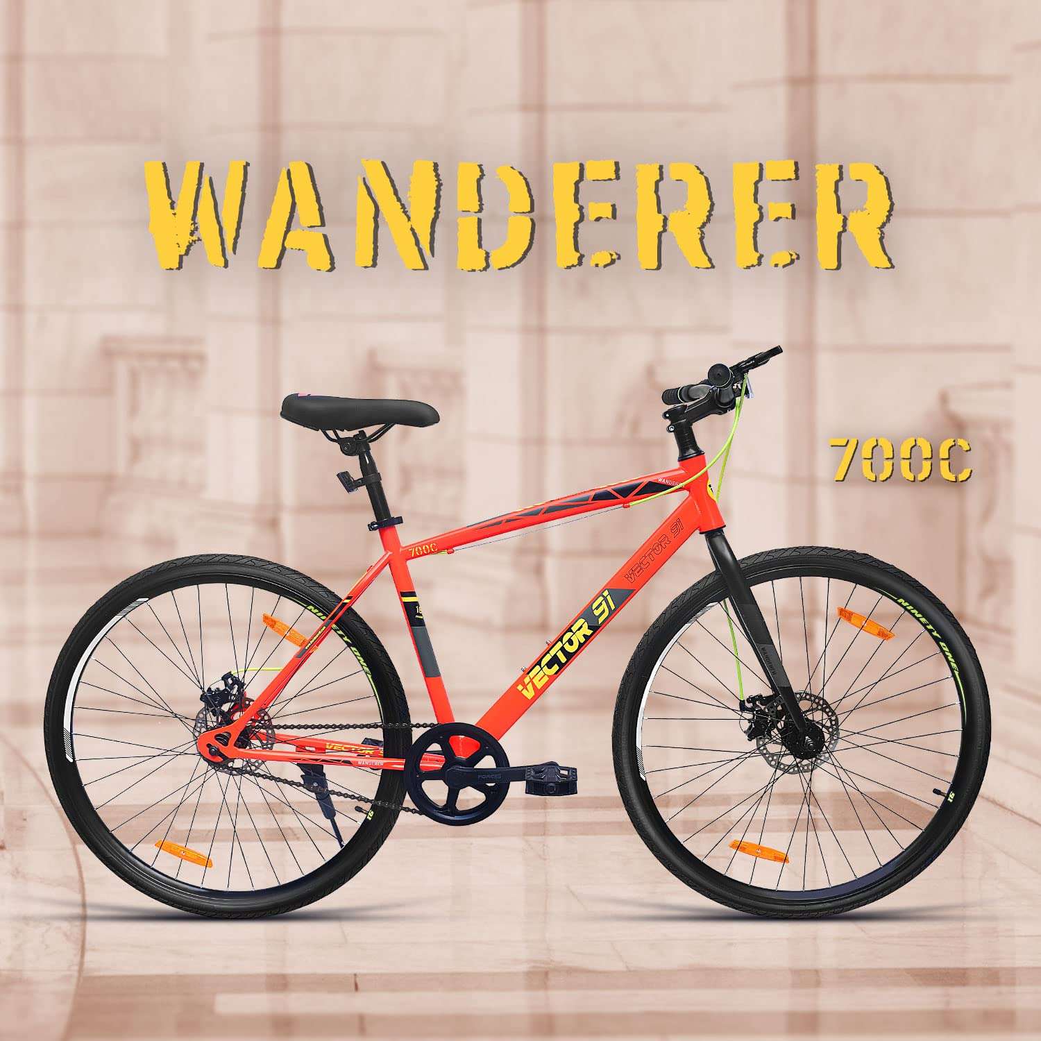 VECTOR 91 Men's Wanderer 700C Single Speed, 18.5 Inches Steel Frame, Hybrid Bike/Bicycle (Red & Black, Ideal For: 12+ Years , Brake: Disc) 3