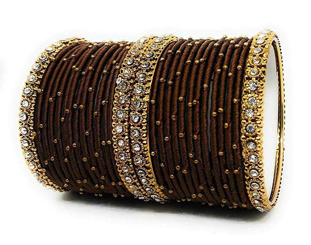 Oneness Handmade Silk Thread Metal Bangle Traditional Bridal Jwellery With Zircon Stone Work (Bridal Chuda/Wedding Chuda) For Women And Girls - (Set Of 28)_Dark Brown_2.10 1
