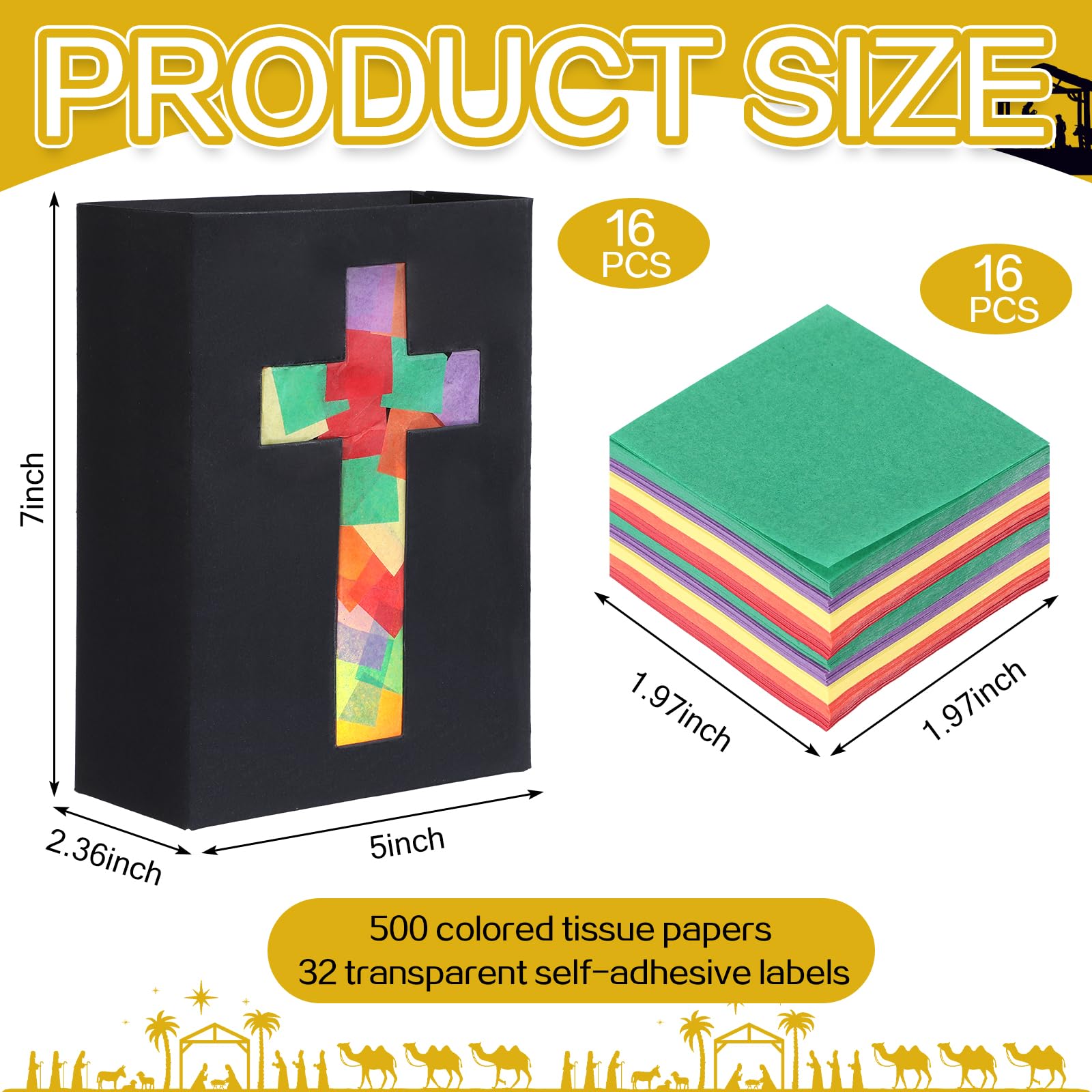 Resurhang 16 Set 2026 VBS Cross Lantern Craft Kit DIY Illumination Theme Faux Stained Glass Paper Lanterns with LED Candle Lights Religious Easter Make Your Own Craft Bulk for Church Vacation Holiday 3