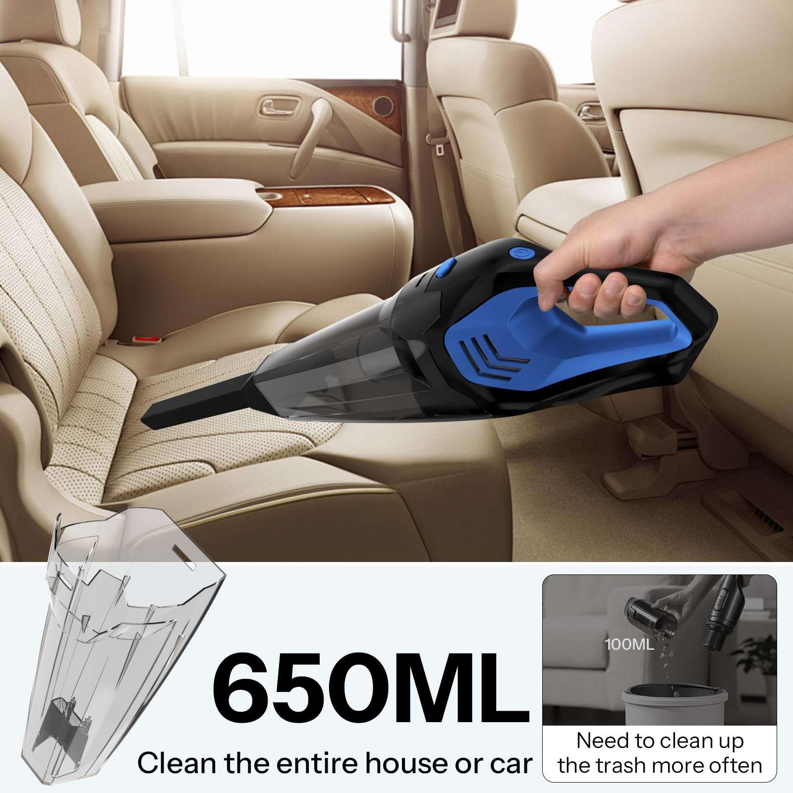 UN1QUE Cordless Car Vacuum Cleaner 2 in 1, 8000Pa Powerful Suction Portable Handheld Vacuum Cleaner for Home and Car with Steel Mesh Filter, 650ML Dustbin, 4 Nozzles, USB Rechargeable (Blue) 4