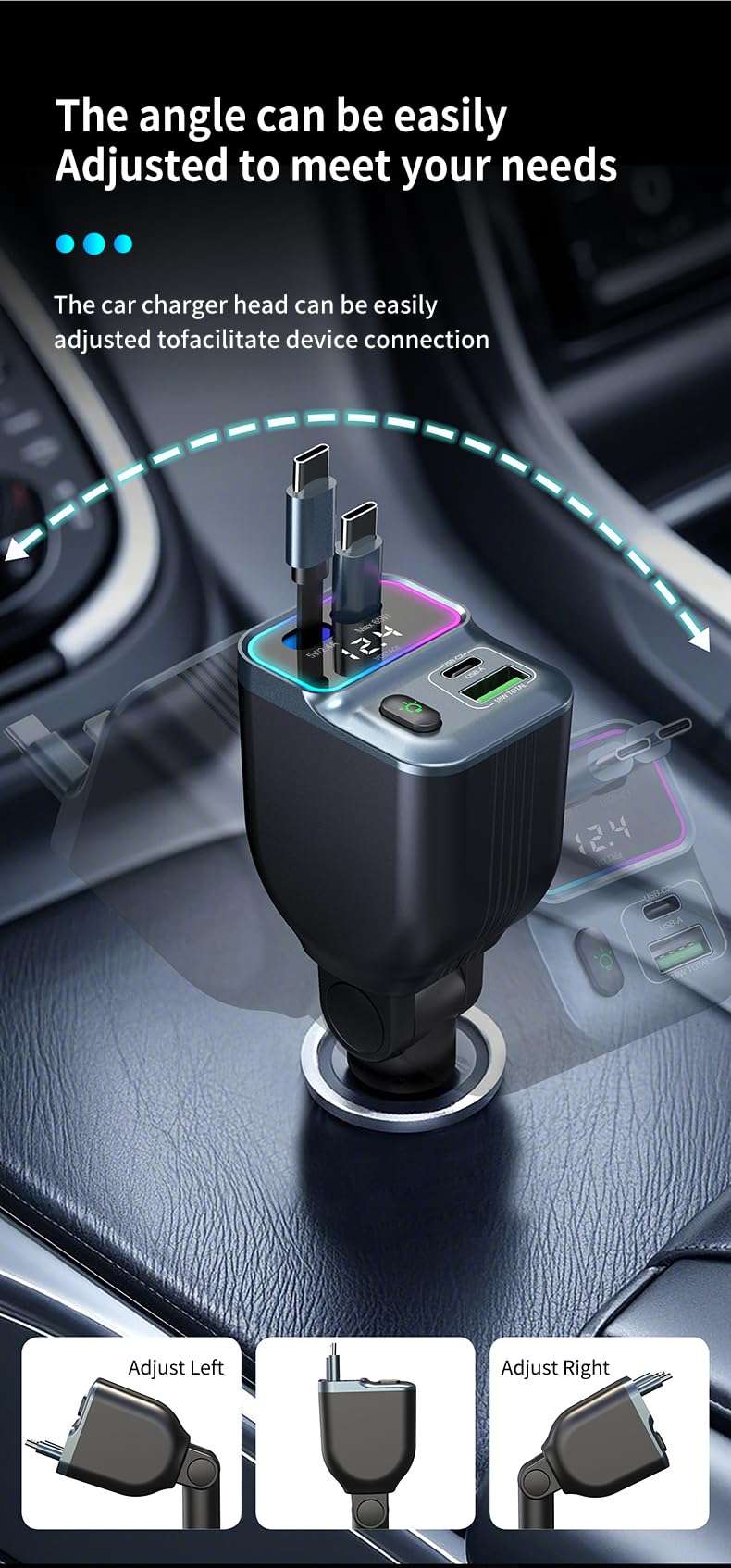 Retractable 32" Cord,83W Car Charger Adapter with PD 65W Type-C Cable, 4-in-1 Fast and Safe Charging, Zero Risk to Car & Device, Battery Voltage Display, Ambient Light, USB-C USB-A, for Phone, Tablet 5