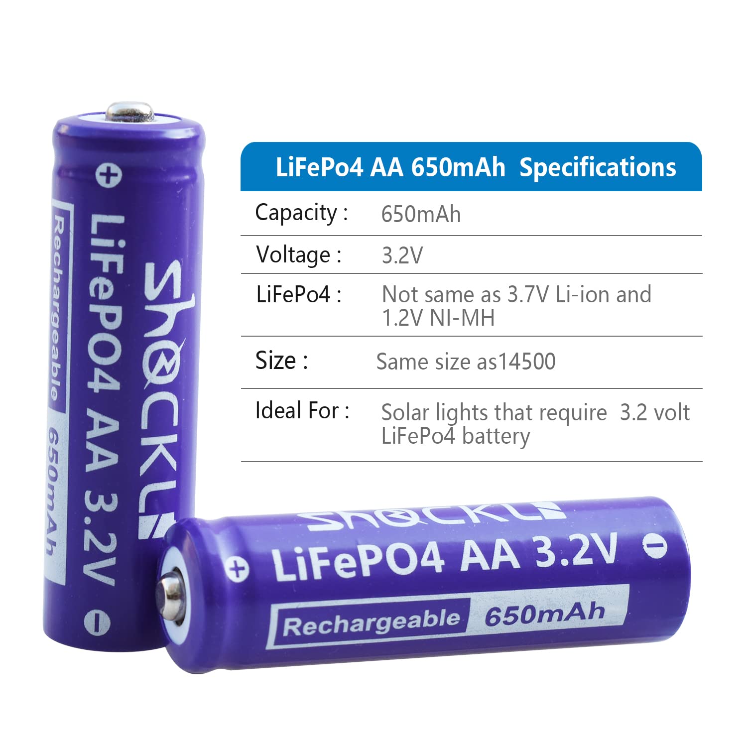 funkawa (8- Pack) Shockli AA 3.2 Volts LiFePo4 650mAh Rechargeable Battery, Lithium Iron Phosphate 3.2V Solar Batteries - Ideal for Solar Garden Light 6