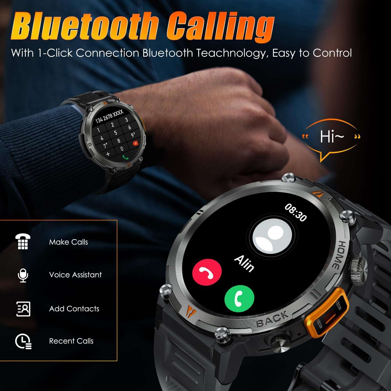 Military Smart Watch for Men 3ATM Waterproof Tactical Rugged Smart Watch with Bluetooth Call Flashlight 1.45" Big Screen Fitness Tracker Heart Rate Sleep Monitor Sports Smartwatch for iPhone Android 4