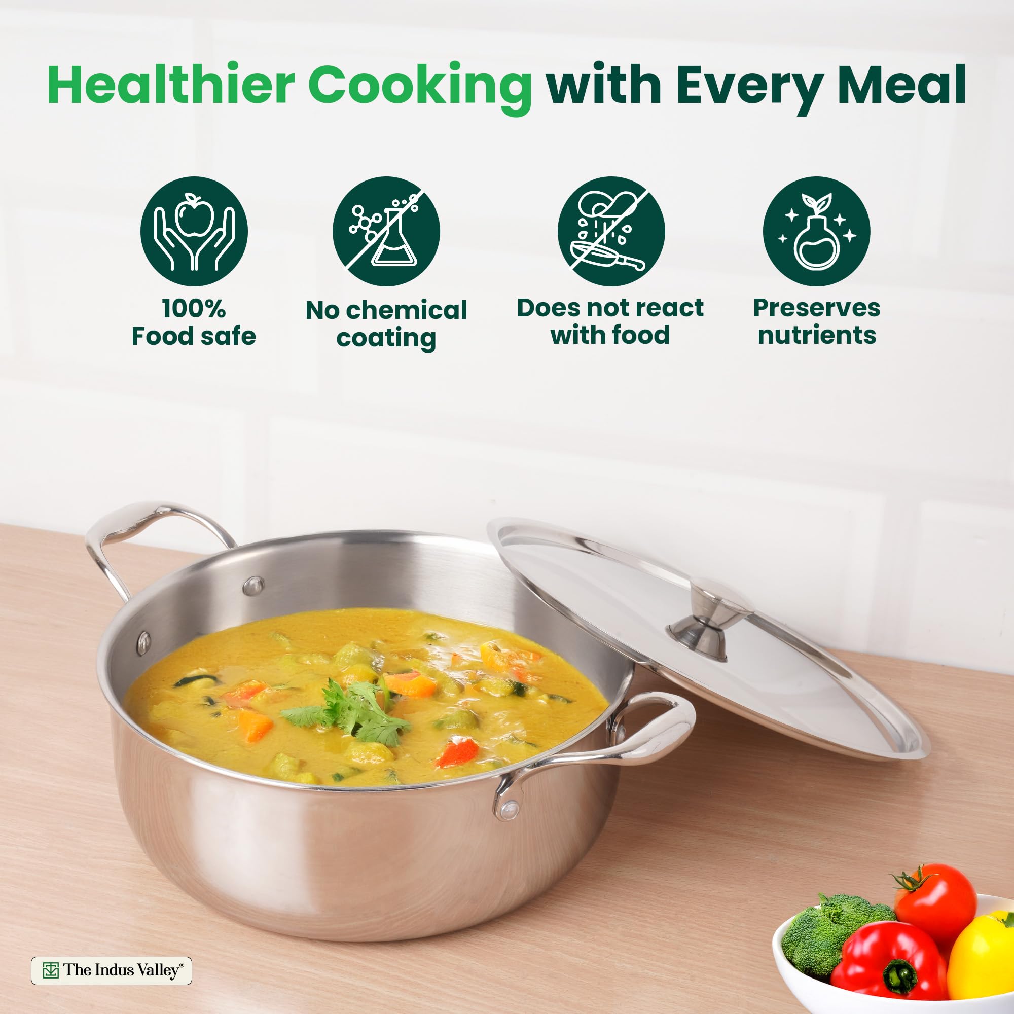 The Indus Valley Triply Stainless Steel Stock Pot with SS Lid 2.5 Liters/Briyani Pot | 20cm/ 7.87 inch, 0.9kg | Induction Friendly | 100% Toxin-Free 4