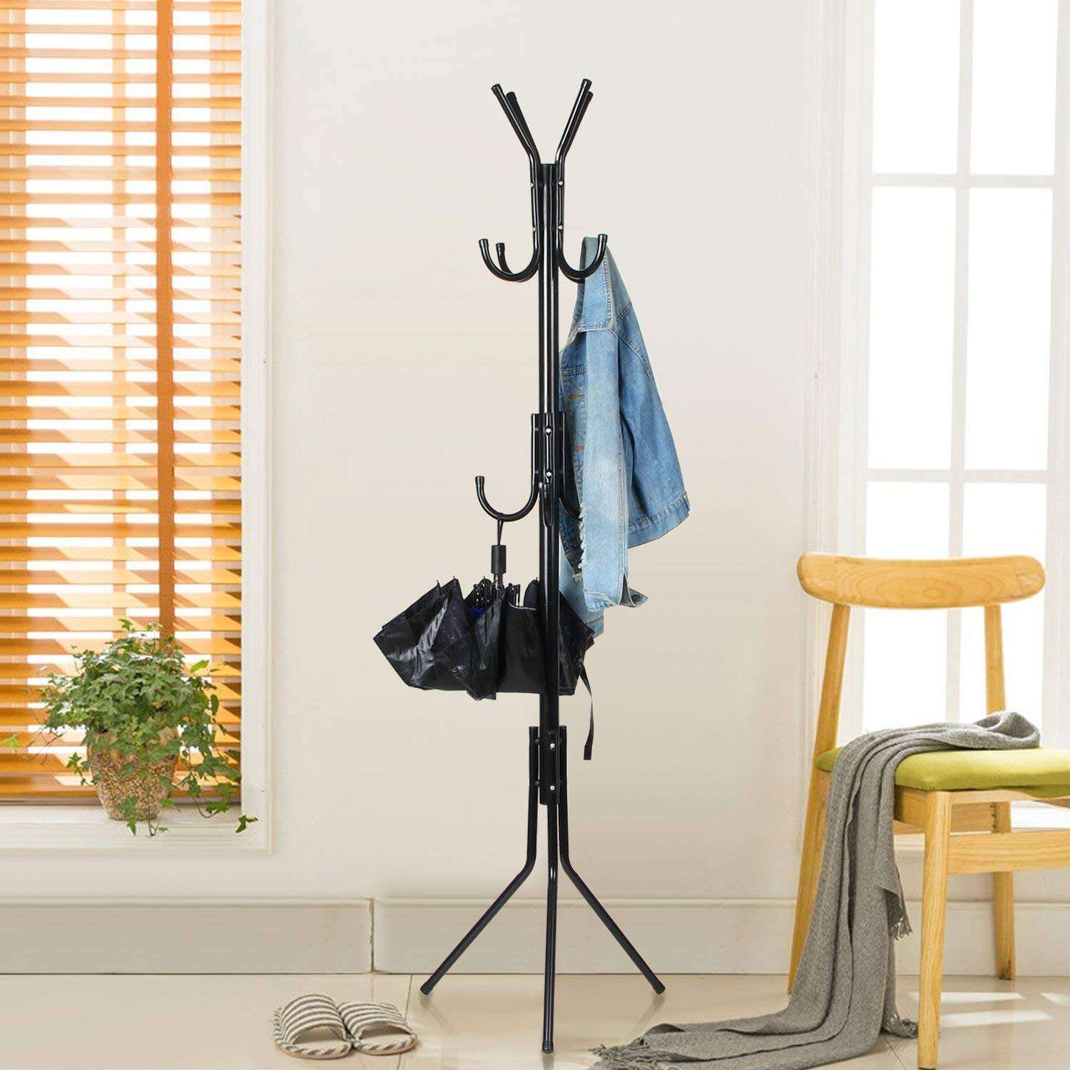 Lukzer 8 Hook Coat Hanger Metal Clothes Stand Hanging Pole Wrought Iron Rack Standing Shelf Unit for Home, Bedroom Space Saver Storage Organizer for Garments, Scarf, Bag (Black/170 x 42cm) DL-8H-BL 1