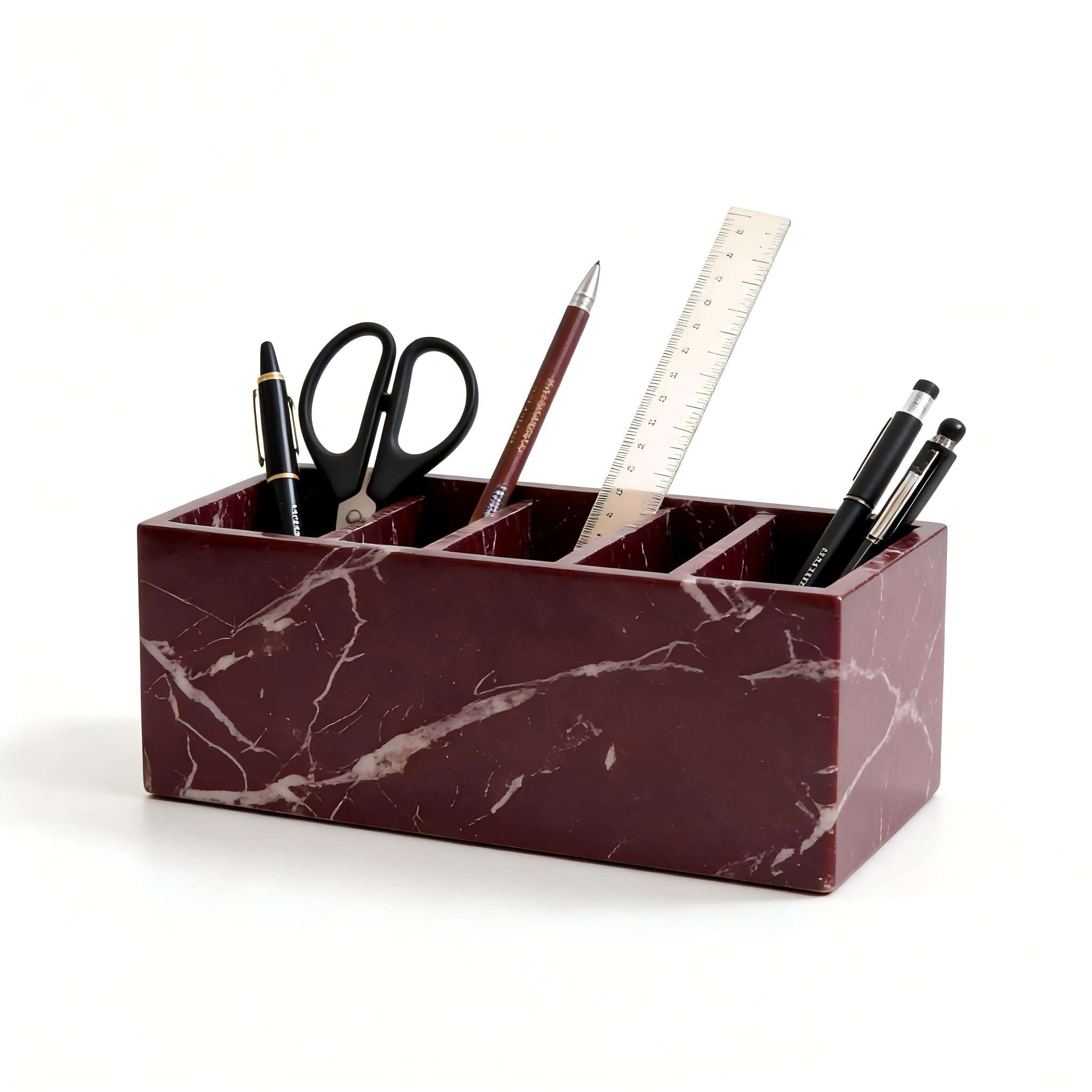 Marble Desk Organizer and Pen Holder, for Bathroom Organizers and Storage, Toothbrush Holders, Bathroom Counter Organizer, and Vanity Organizer, Purple-Red with White Veins (Five Layers) 4