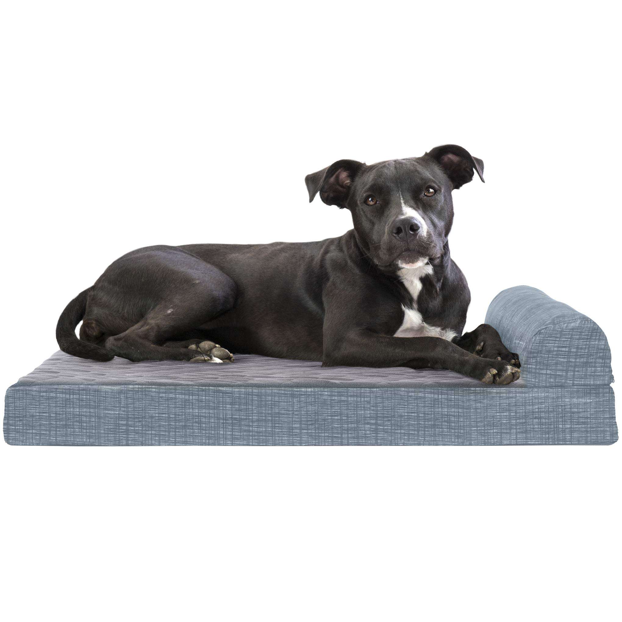 Furhaven Pet 43339287 Medium Quilted Fleece & Print Suede Chaise Lounge Orthopedic Sofa Pet Bed, Titanium 1