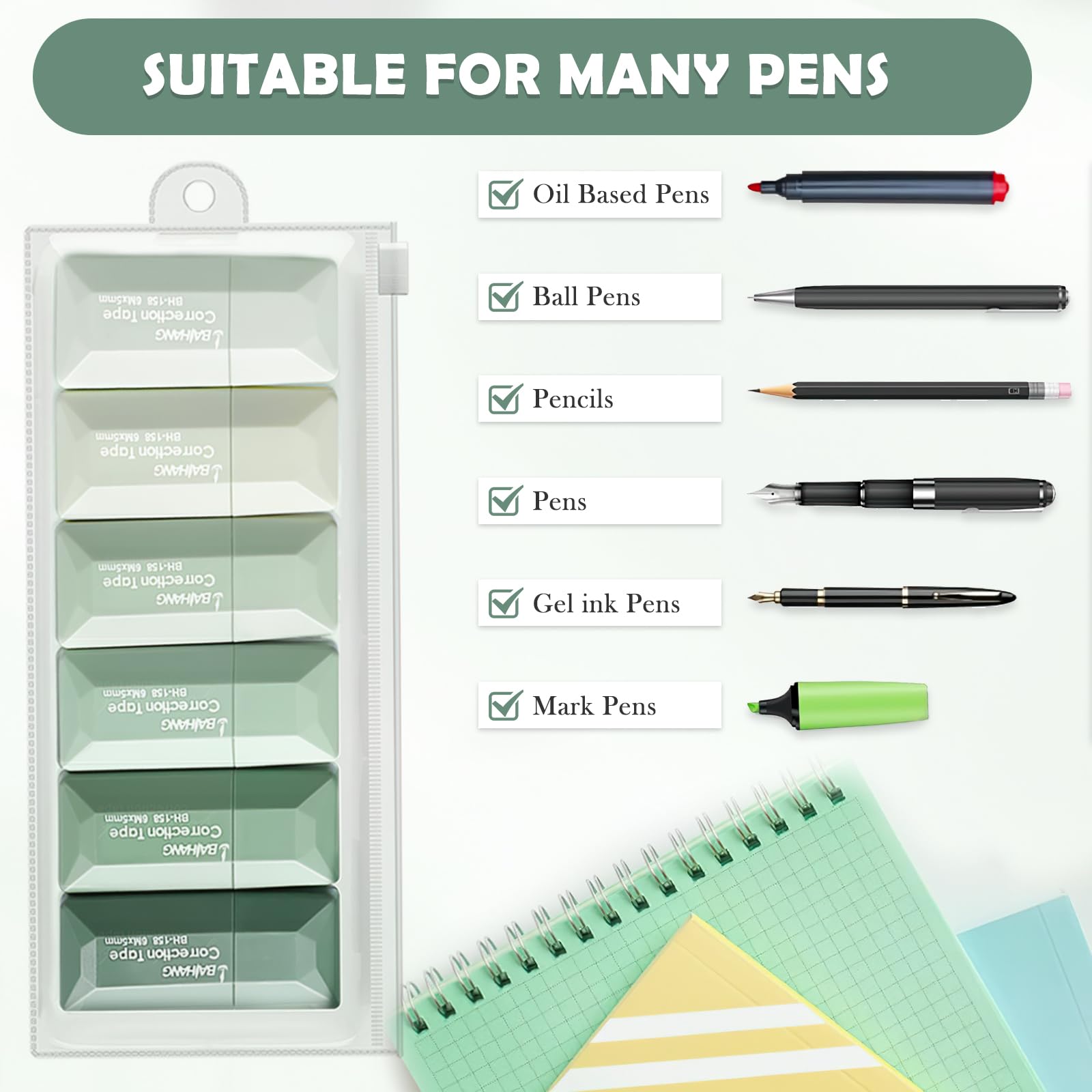 CoolShef 6 Pcs Mini Correction Tape Set – Cute Whitener Tape Refill Roll, Quick Dry Smooth Pull Correction Pen, Tape Whitener, Easy to Use for School Office Supplies (Green) 4