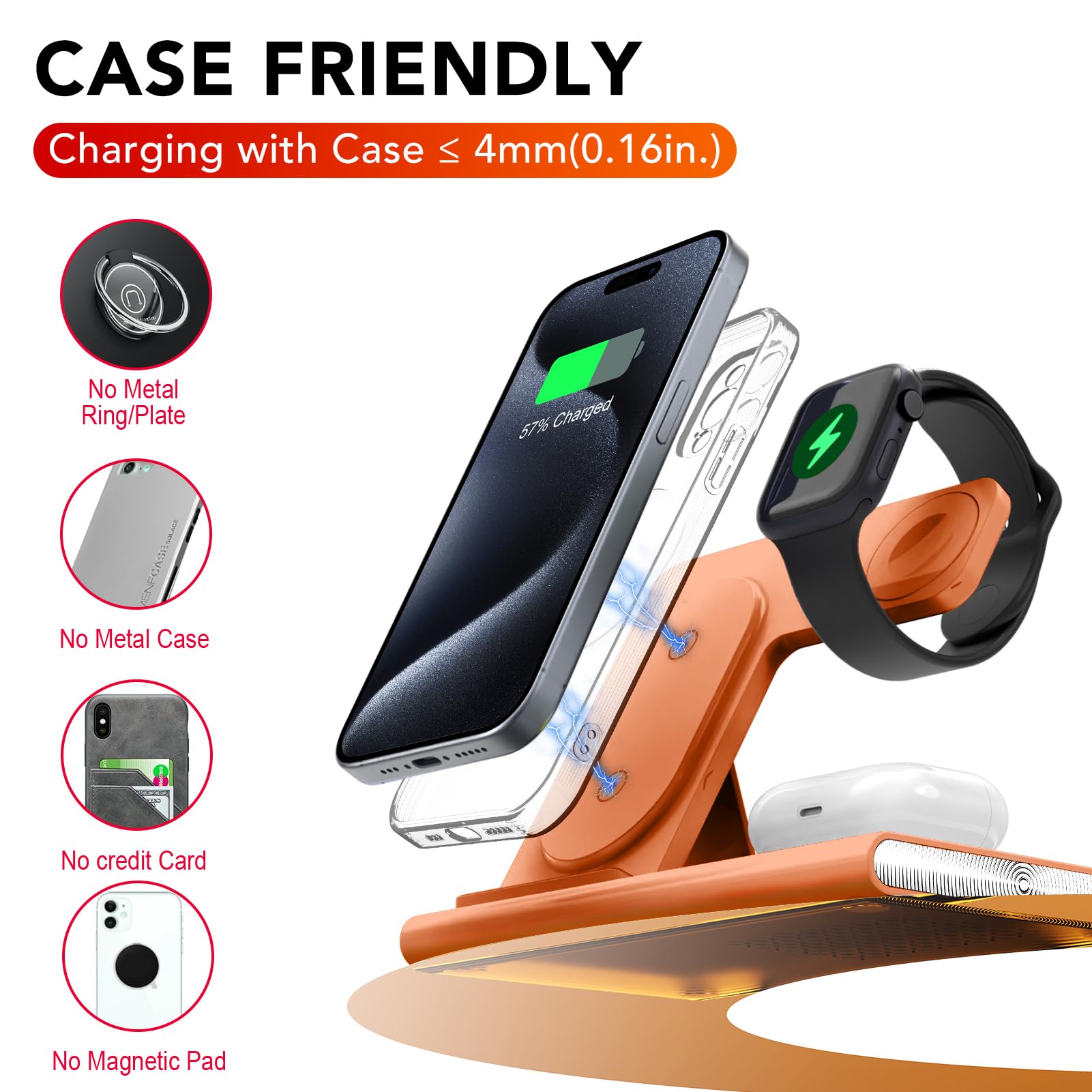 3 in 1 Foldable Charging Station for Apple Products,Fast Wireless Charger Travel Dock Adapter&Light for iPhone 15/14/13/12/11/X/XS/XR 8,for iWatch Ultra2/9/Ultra/8/7/6/SE,for Air Pods 3/2/Pro(Orange) 6