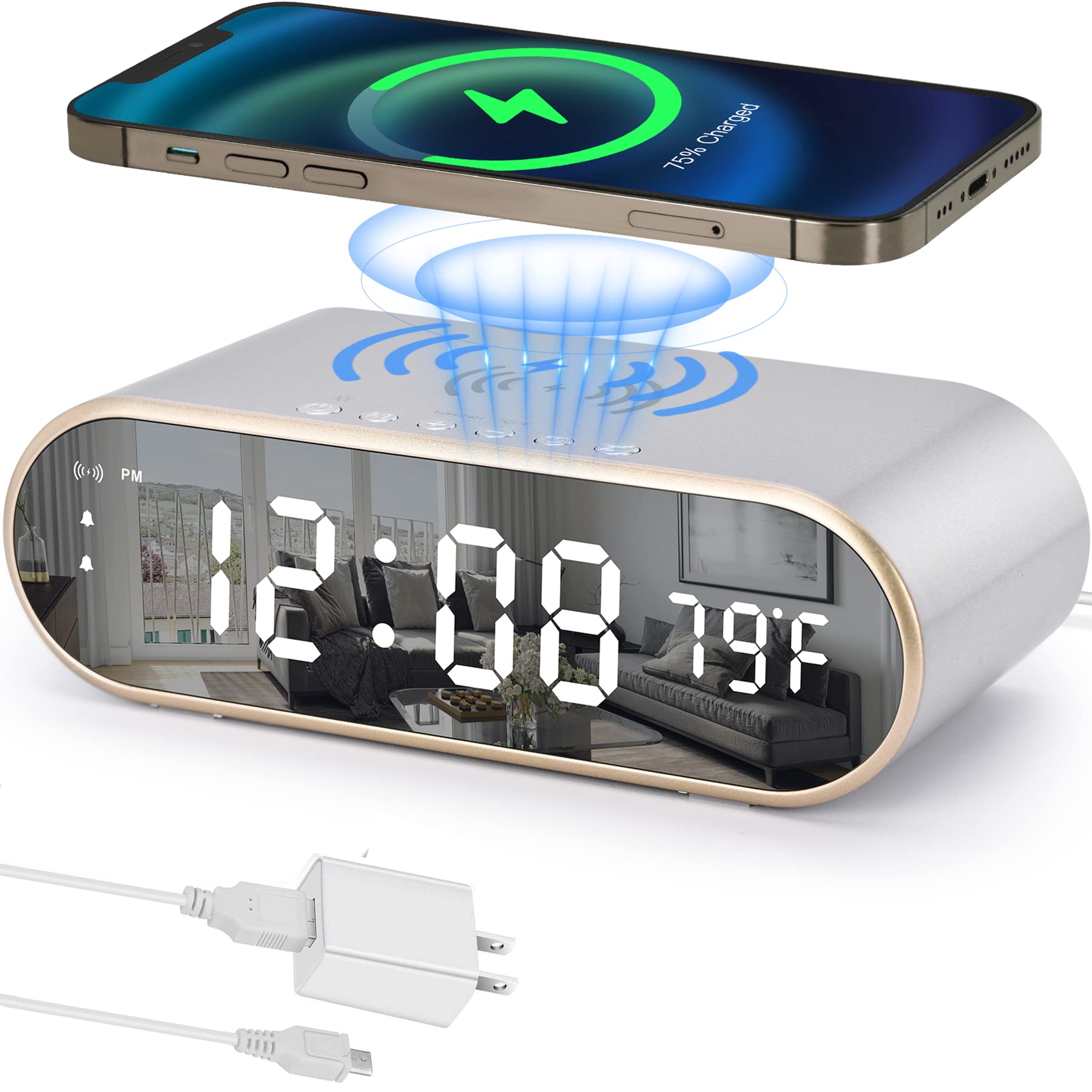 Lipzie Digital Alarm Clock with Wireless Charging, 0-100% Adjustable Brightness Dimmer and Alarm Volume, Weekday/Weekend Mode, Dual Alarm, Snooze, 12/24H, Wood LED Clock for Bedroom