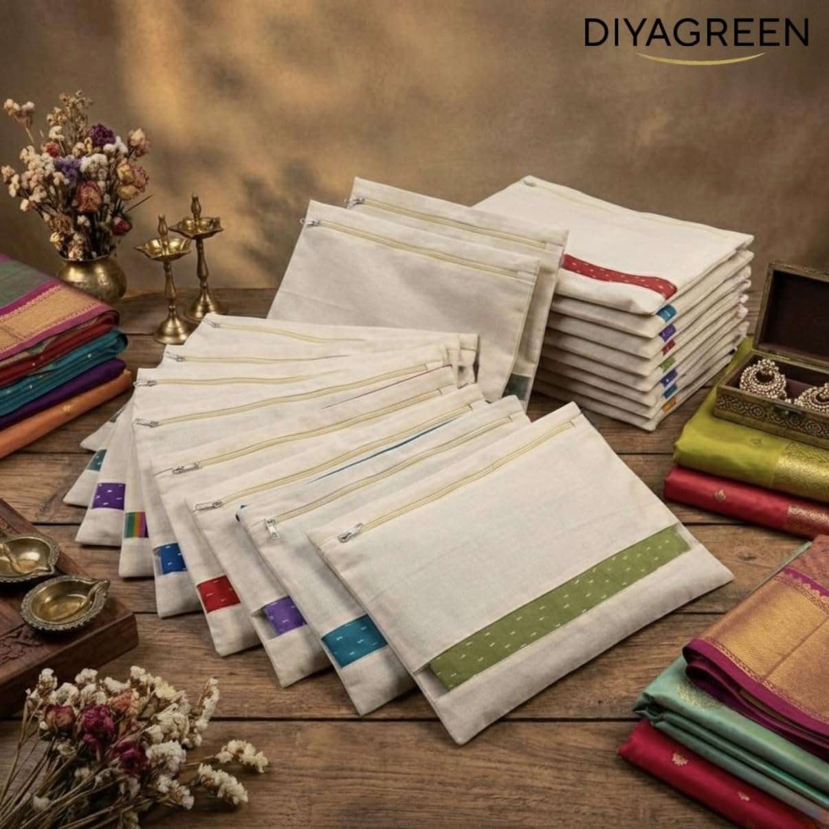 DIYAGREEN Cotton Saree Bags/Covers For Storage Set Of - 12 Big Size Single (16 X 14 Inches) With Zip Closure For Clothes Bags And Wardrobe Organizer With Transparent Mesh Window, Beige 5