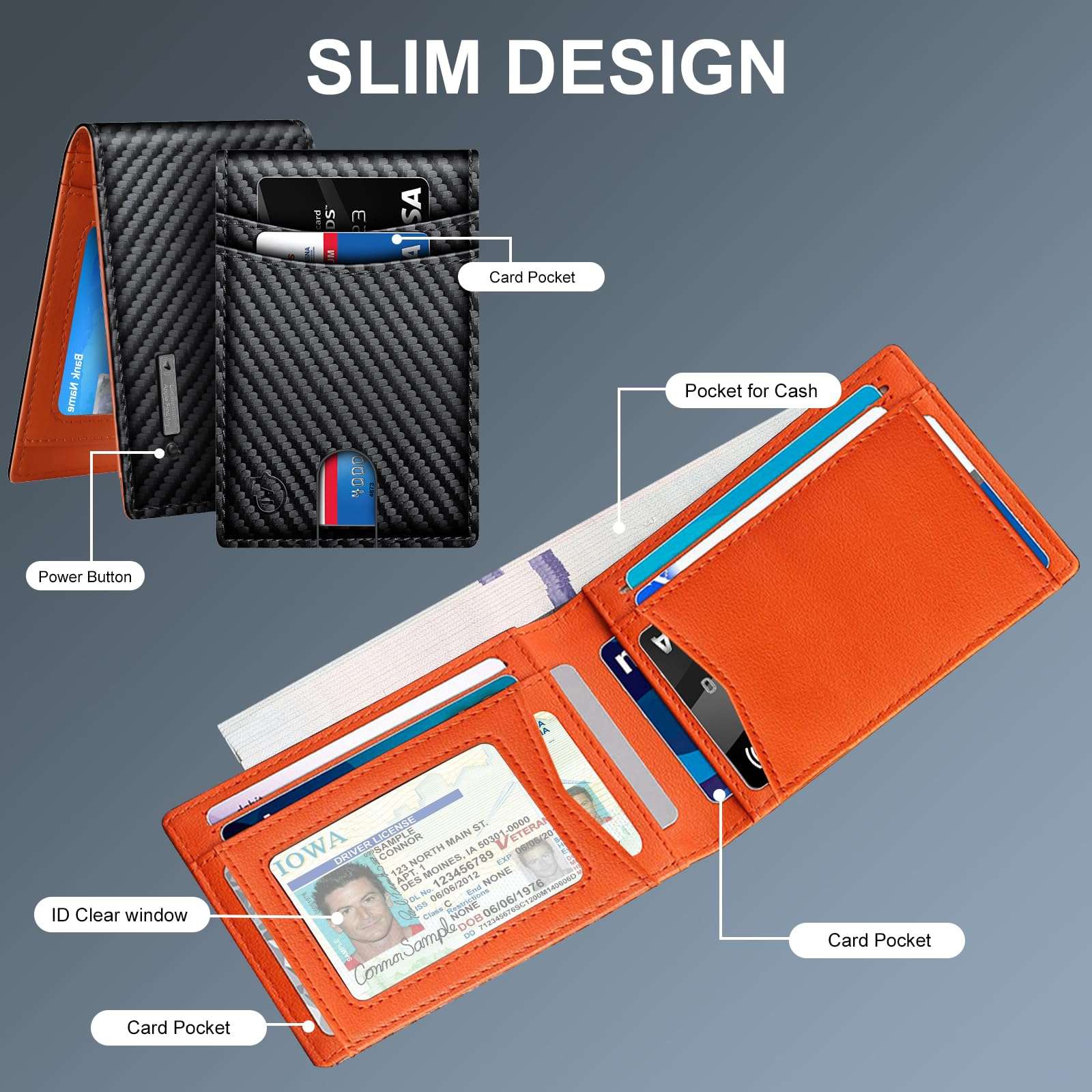 Smart Wallet For Men Work For Apple Find My (Ios Only) APP, Slim Mens Wallet with Tracker Carbon Fiber Bifold Credit Card Holder With Rechargeable Battery(Not For Android) Carbon Black & Orange 5