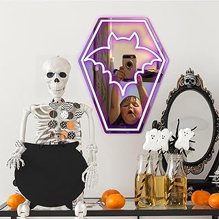 Coffin Bat Neon Mirror Sign,Gothic Room Decor,USB Powered,Halloween Bat Coffin Decor,LED Light Gothic Room, Teen Girls Preppy 1