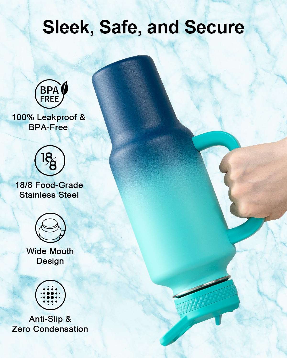 Trebo 40 oz Water Bottle Insulated Fit Car Cup Holder with Handle, Stainless Steel Retro Bottles Tumbler with Straw Lids, Vacuum Double Wall,Keep 24hrs Cold,Leakproof Reusable Travel Flask 5