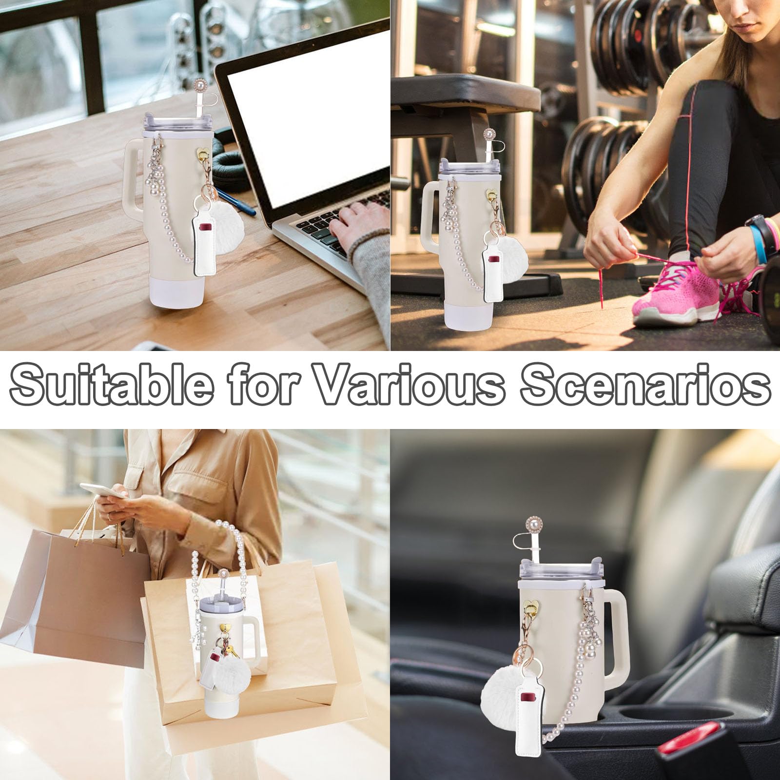 Accessories Set for Stanley Cup 40oz & 30oz Tumbler, Pearl Water Bottle Handle Strap, Silicone Boot, Straw Topper Cover Cap, Chapstick Holder, Charms, Gifts for Women 8 PCS (White) 6