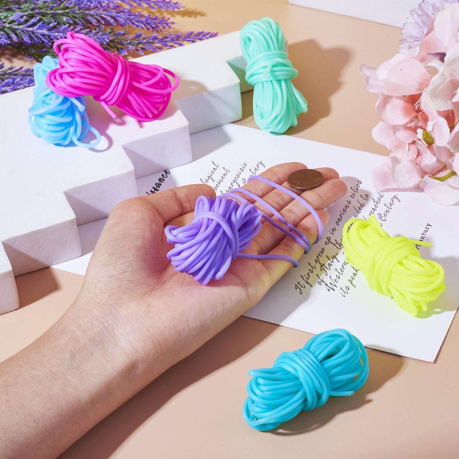 Pandahall 32.8 Yards Hollow Pipe Rubber Cords 2mm Knitting Barber Cords 6 Colors Stitch Savers Knitting Cords Hollow Rubber Tubing Silicone Pipes for Knitting Craft 3