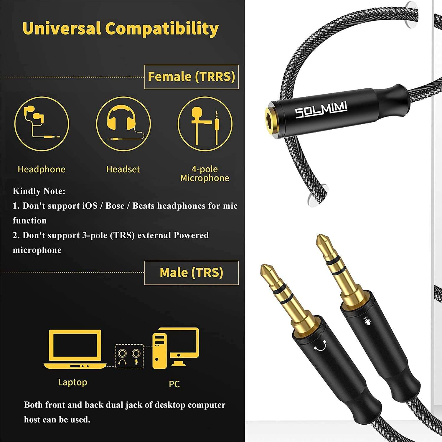 Bundle SOLMIMI Headset Splitter Cable with Crystal-Nylon Braid Headset Splitter Adapter 1FT 5