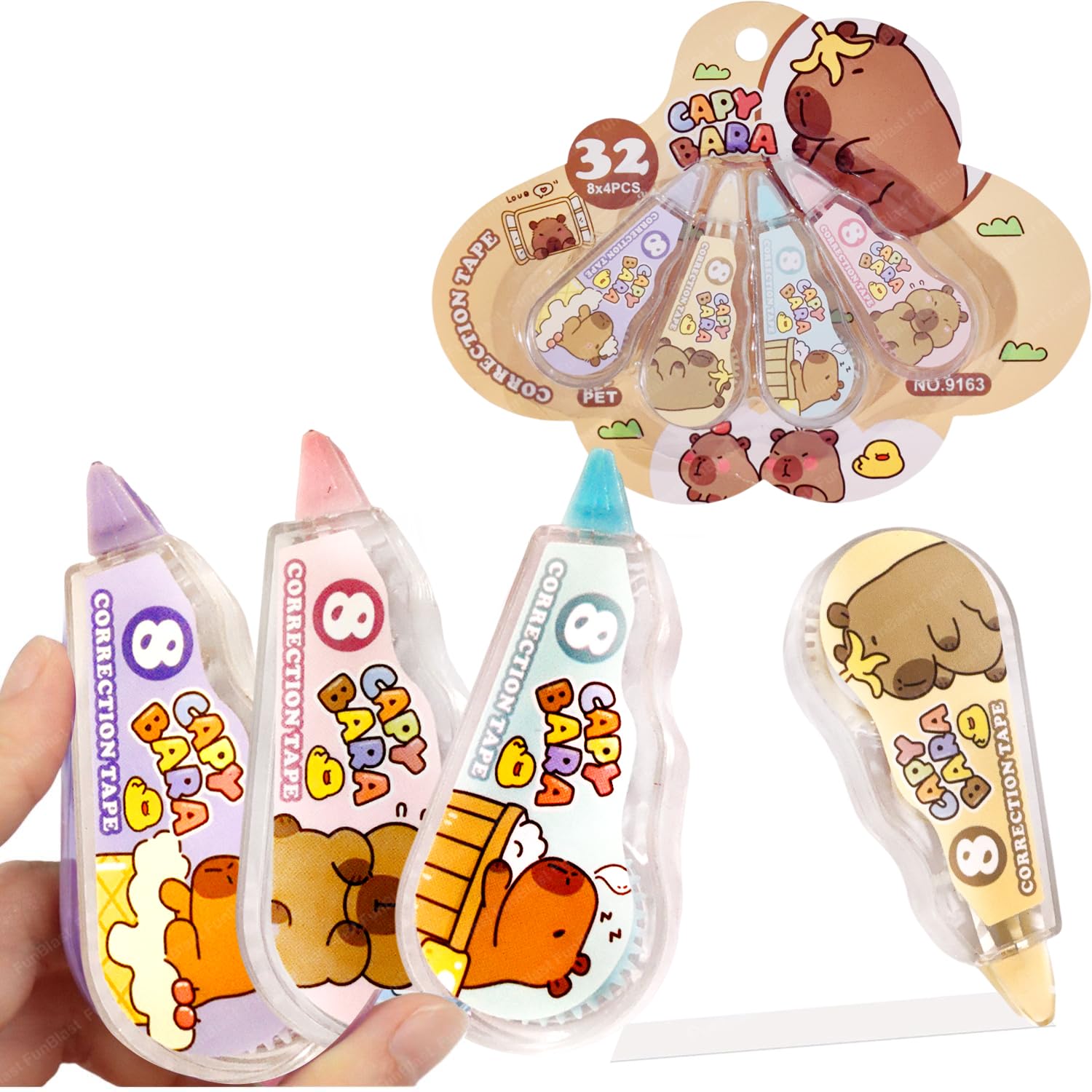 FunBlast Correction Tape - Pack of 4 Pcs Capybara Correction Tape 8 Meter X 4 MM for Journal, Correction Pen, Whitener for Correction, Stationery Items for School & Office, Correction Pen Tape