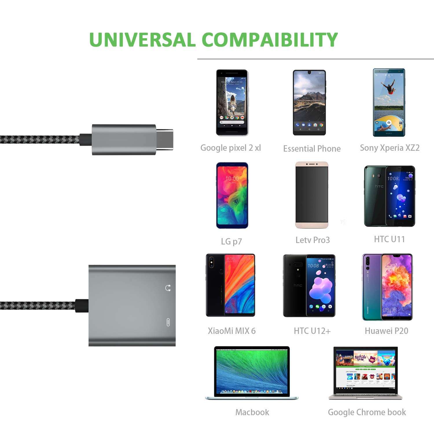 XIIVIO Pixel 2 Audio and Charger Adapter, 2 in 1 USB-C to 3.5mm Aux Headphone Jack Cable and Type USB C Fast Charging Cord[Support Phone Call+Volume Control] for Google Pixel 2/XL/HTC/Essential Ph-1 6