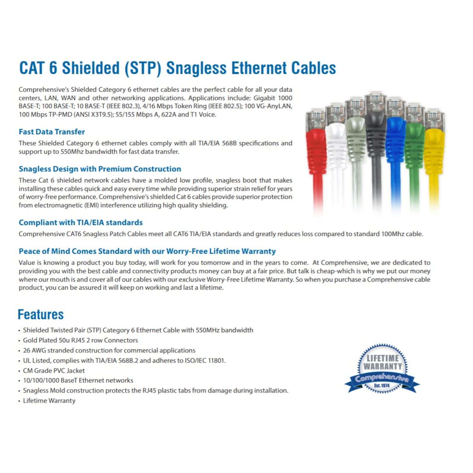 Comprehensive Cat6 Snagless Shielded Ethernet Cables, Black, 15ft - 15 ft Category 6 Network Cable for Network Device - First End: 1 x RJ-45 Male Network - Second End: 1 x RJ-45 Male Network - 1 Gbit/ 4