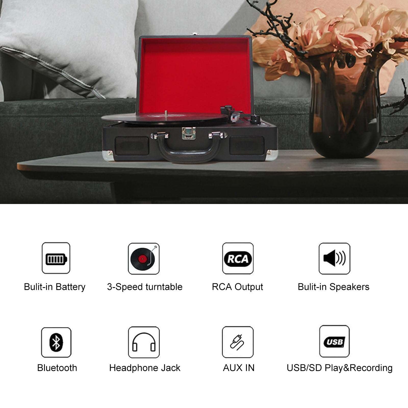 Portable Record Player for Vinyl with Speakers,Suitcase Turntable Supports Line Out,AUX in, Earphone Jack,Replacement Needle,3-Speed,Dust Cover 2