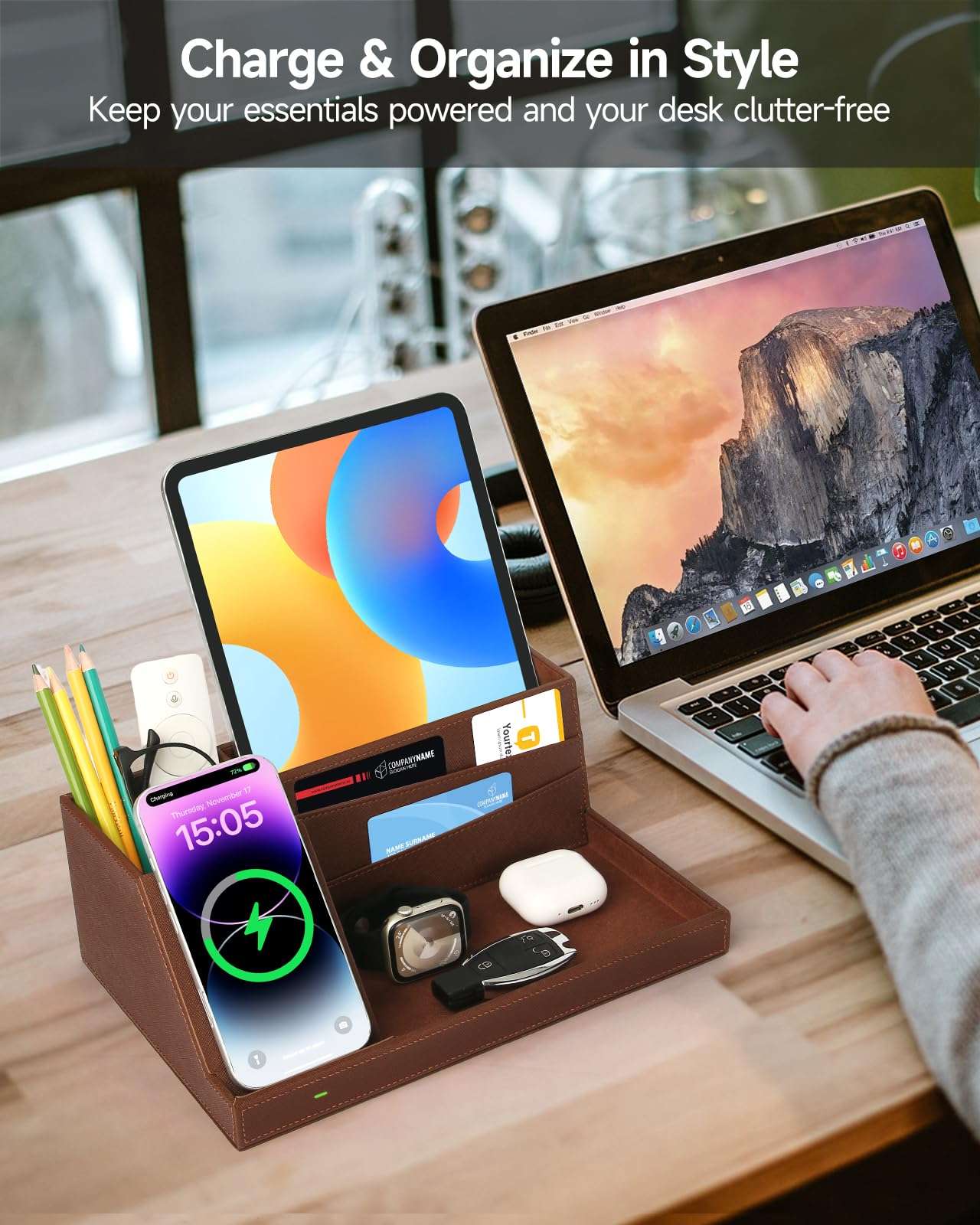 Fast Wireless Charging Station with Desk Organizer for iPhone 17/16/15/15 Pro/14/14 Pro Max/14 Pro/14 Plus/13/13 Pro Max/13 Pro/and iPhone 12/11 Series, Nightstand Desktop Organizer, Brown 3