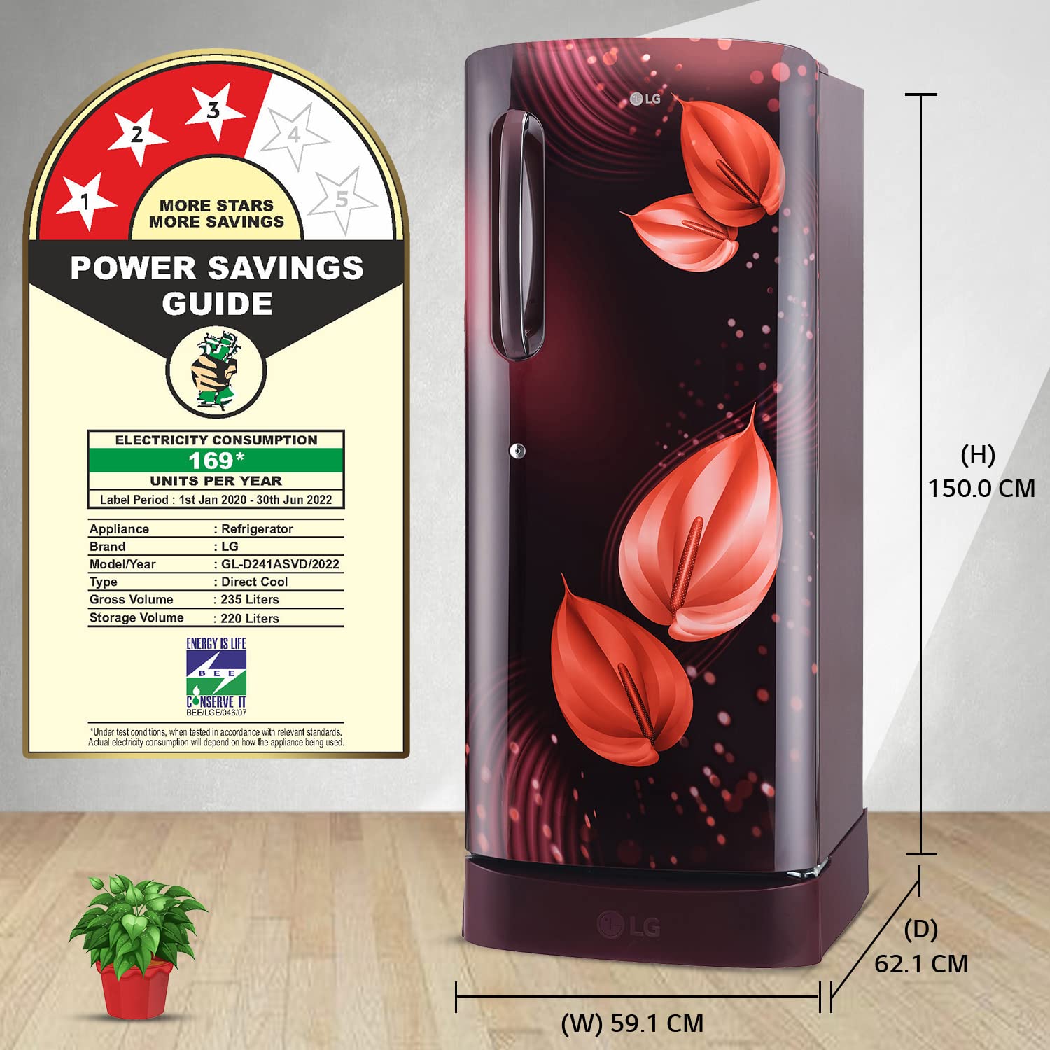 LG 235 L 3 Star Direct-Cool Single Door Refrigerator (GL-D241ASVD, Scarlet Victoria, Base Stand with drawer, 2022 Model) 5
