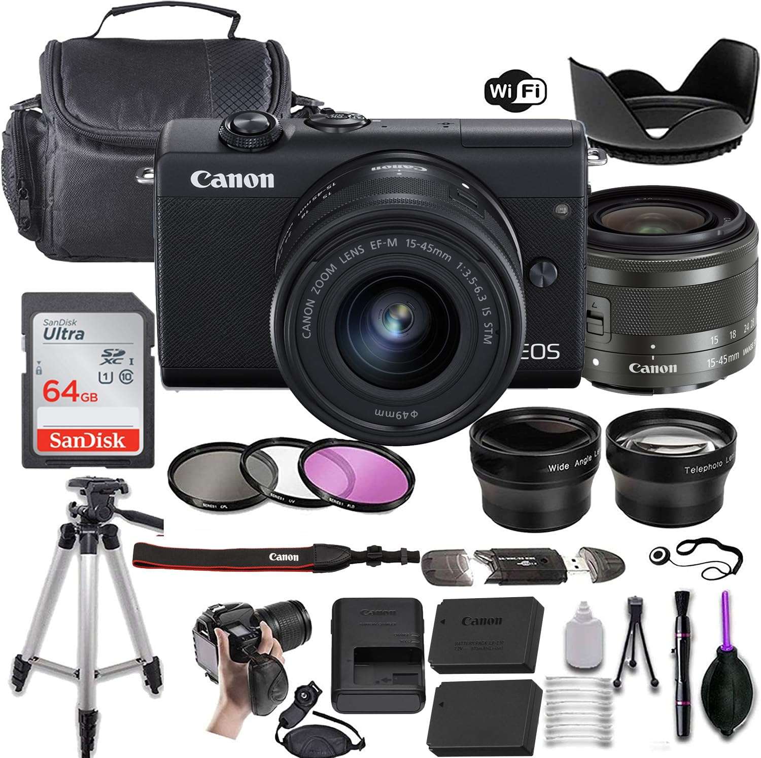 Canon EOS M200 Mirrorless Digital Camera (Black) w/EF-M 15-45mm f/3.5-6.3 is STM + Wide-Angle and Telephoto Lenses + Portable Tripod + 64GB Memory Card + Deluxe Accessory Bundle 1