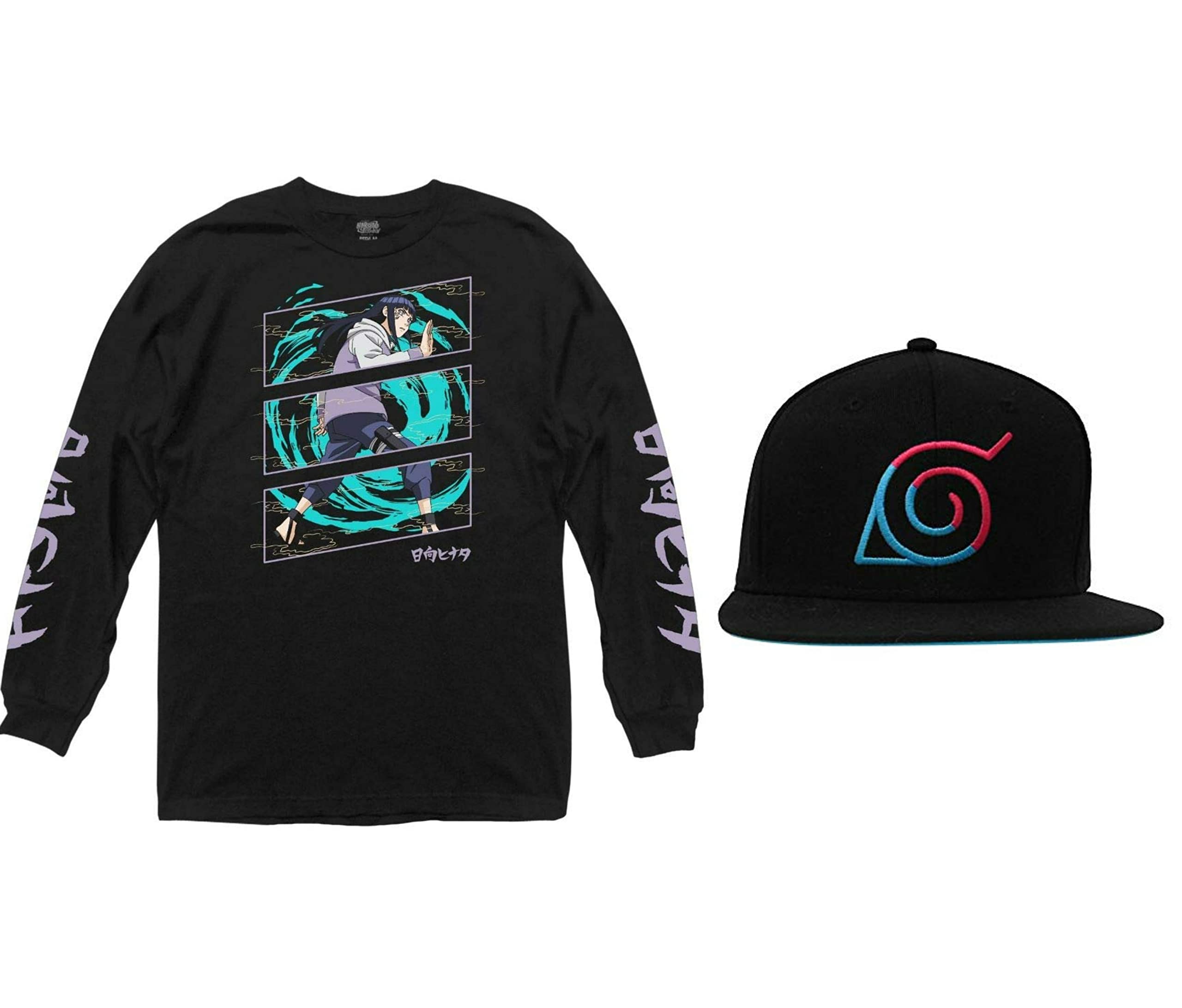 Naruto Shippuden Ultimate Fan Bundle: Adult Size Large Unisex Naruto Shippuden Hinata Power Up Anime Long Sleeve T-Shirt & Naruto Shippuden Adult Two-Toned Hidden Leaf Village Flat Bill Snap Back Hat 1
