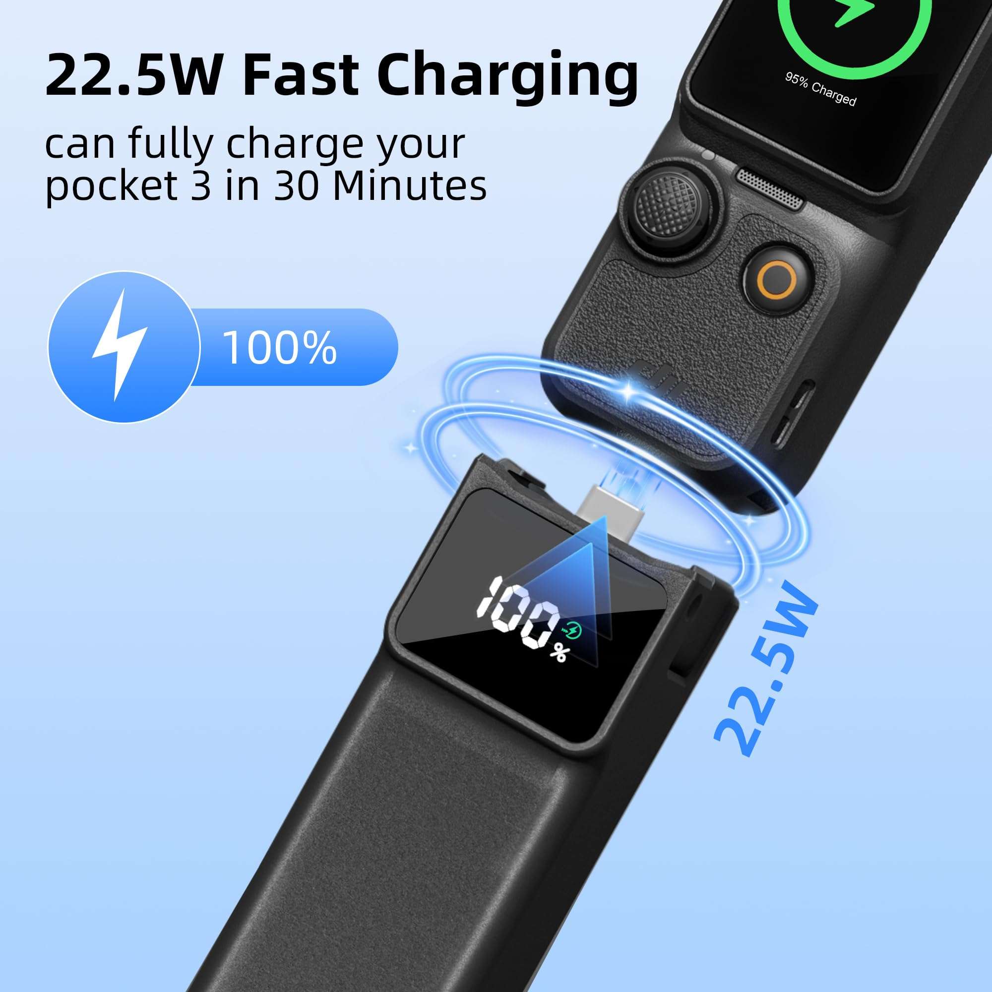 Battery Handle Compatible with DJI Osmo Pocket 3 Accessories, with Digital Screen for Pocket 3 Battery Grips for Xtra Muse Built-in 5000mAh Battery Fast Charging and Reserved 1/4”Thread 6