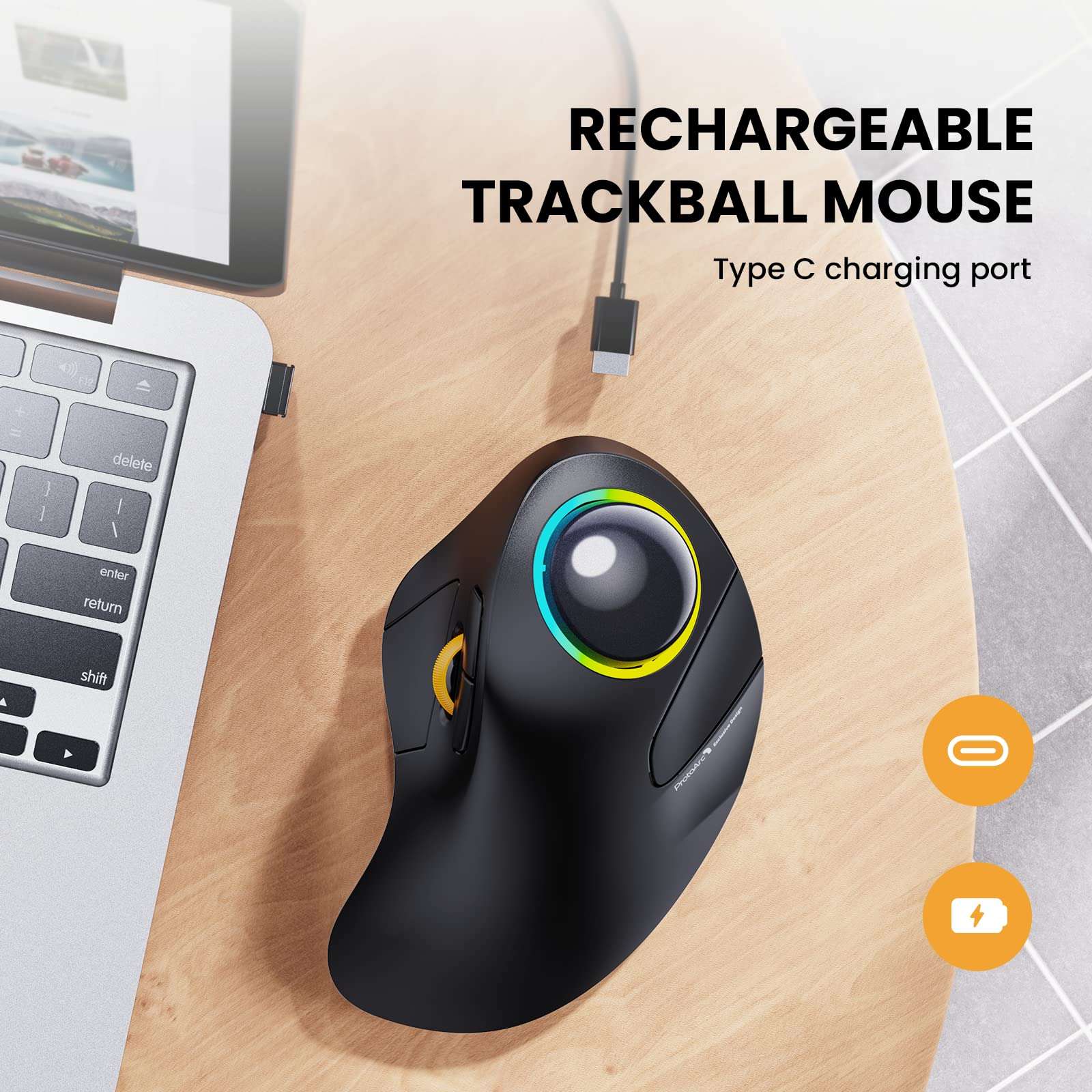 ProtoArc Wireless Bluetooth Trackball Mouse, EM03 Ergonomic RGB Rollerball, 3-Device Connection & Index Finger Control for iPad, Mac, Windows - Black 6