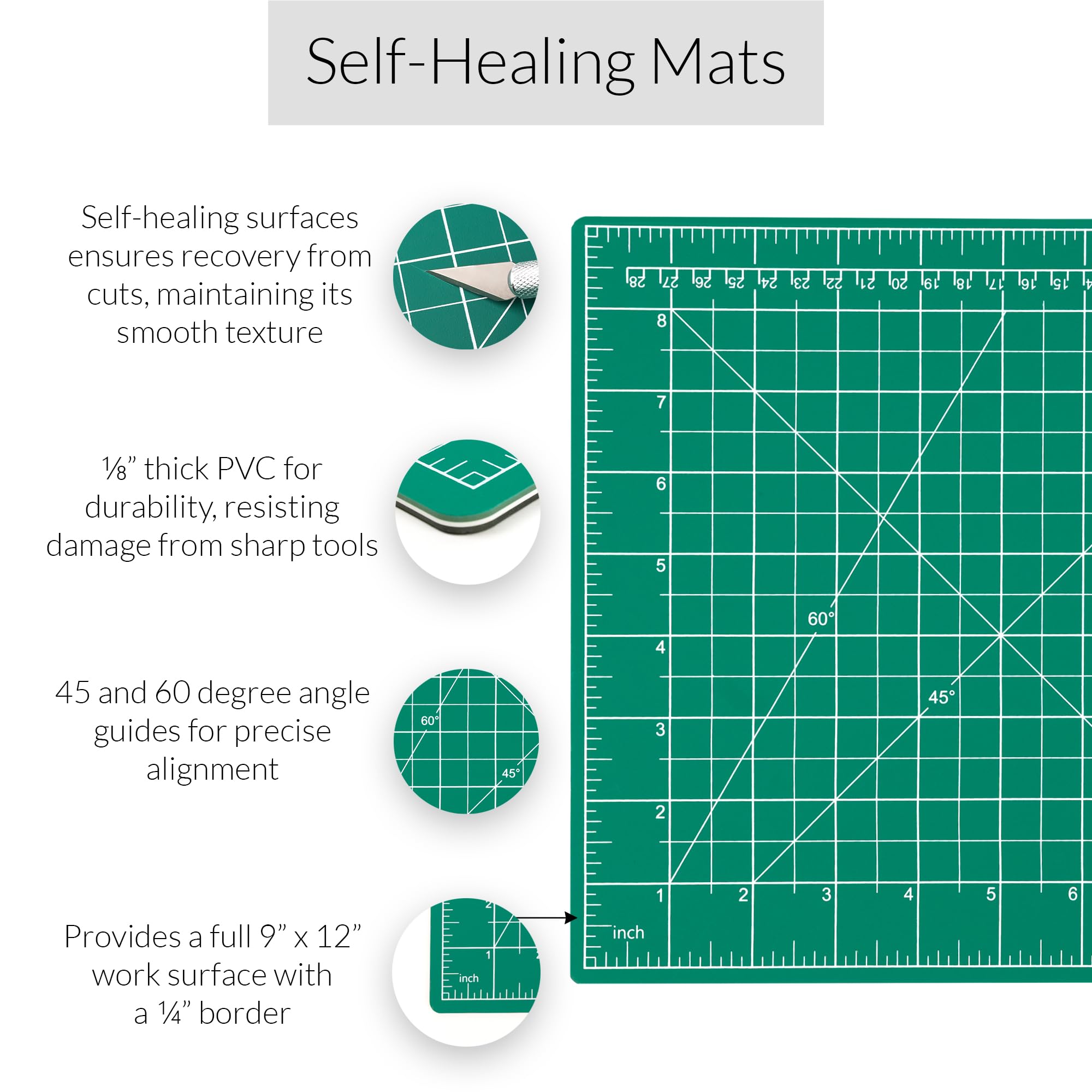 WA Portman Self Healing Cutting Mat & Rotary Cutter Set – 45mm Rotary Cutter for Fabric with 5 Extra Blades with 9x12 Fabric Cutting Mats for Crafts & 6x12 Acrylic Quilting Rulers – 3pc Sewing Kit 2