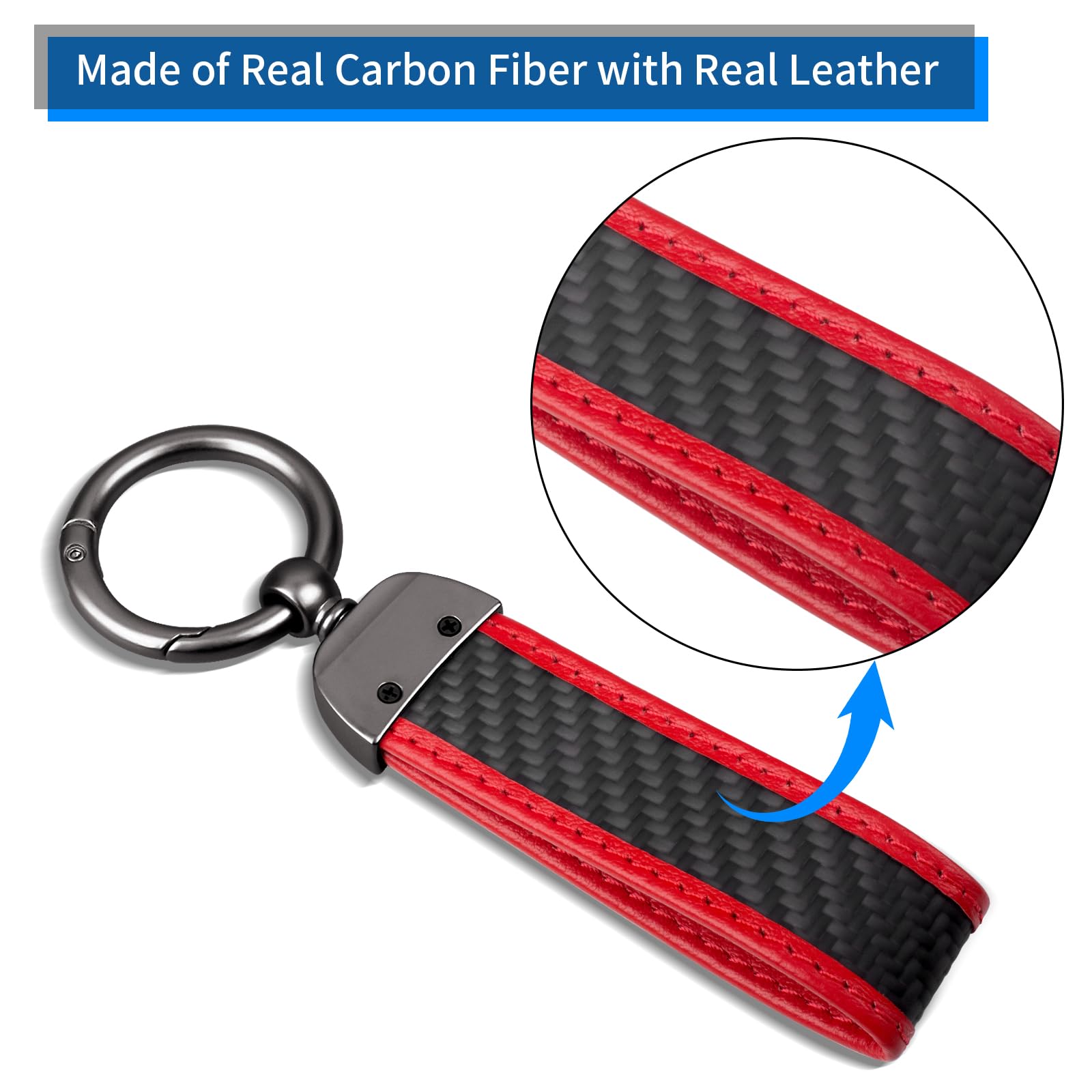 Real Carbon Fiber Car Keychain,Minimalist Leather Edges,Car Key Fob Chain Holder,Car Key Fob Keychains Replacement,Keychains for Men Women,Car Key Accessories,RED 3