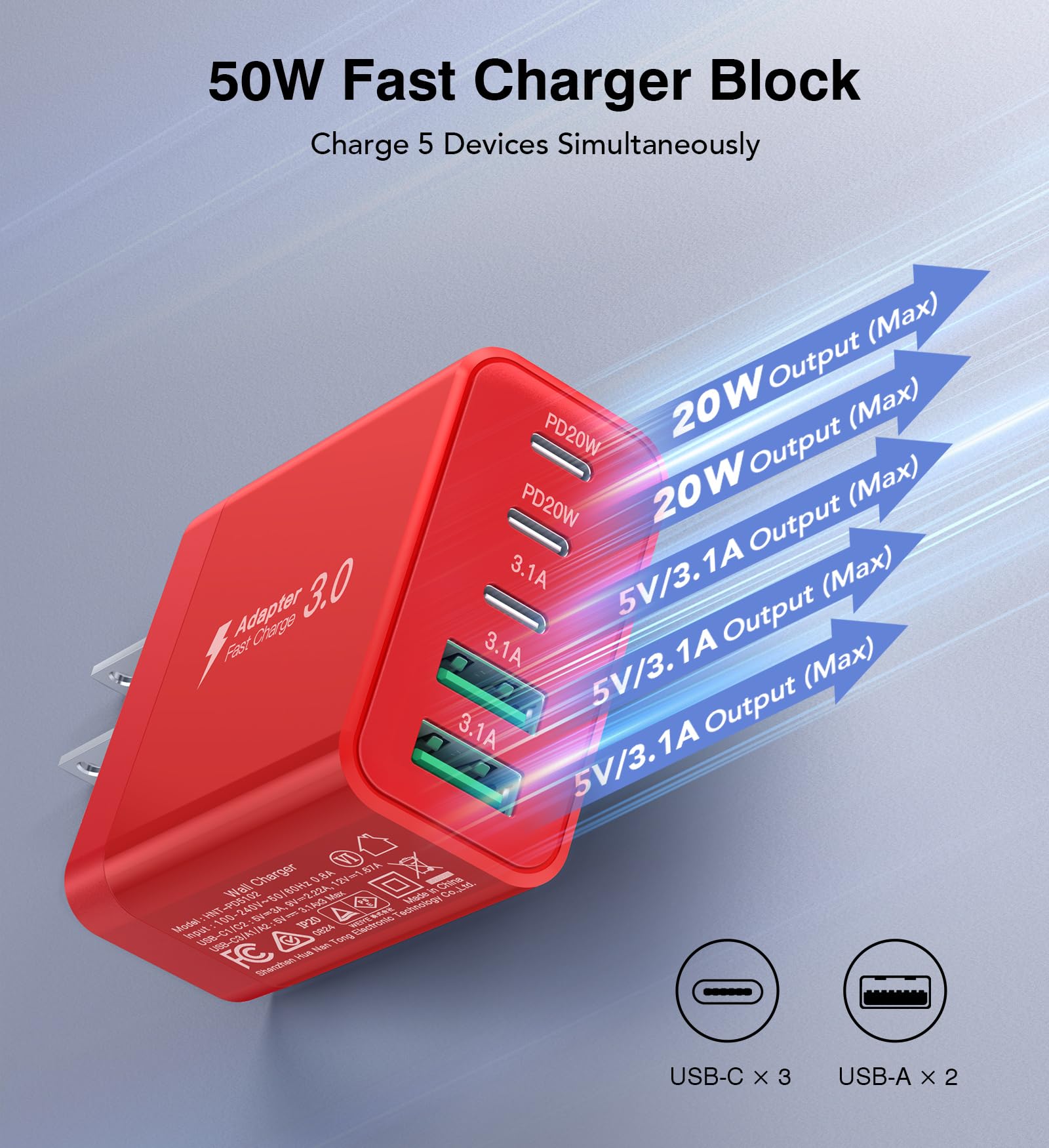 USB C Charger Block, [2-Pack] 50W 5-Port Fast Charger 20W Type C Charging Block 3.1A USB Wall Charger Dual Port PD+QC Charging Cube for iPhone 16 15 14 13 12 11 Pro Max XS, iPad, Samsung, Red 4