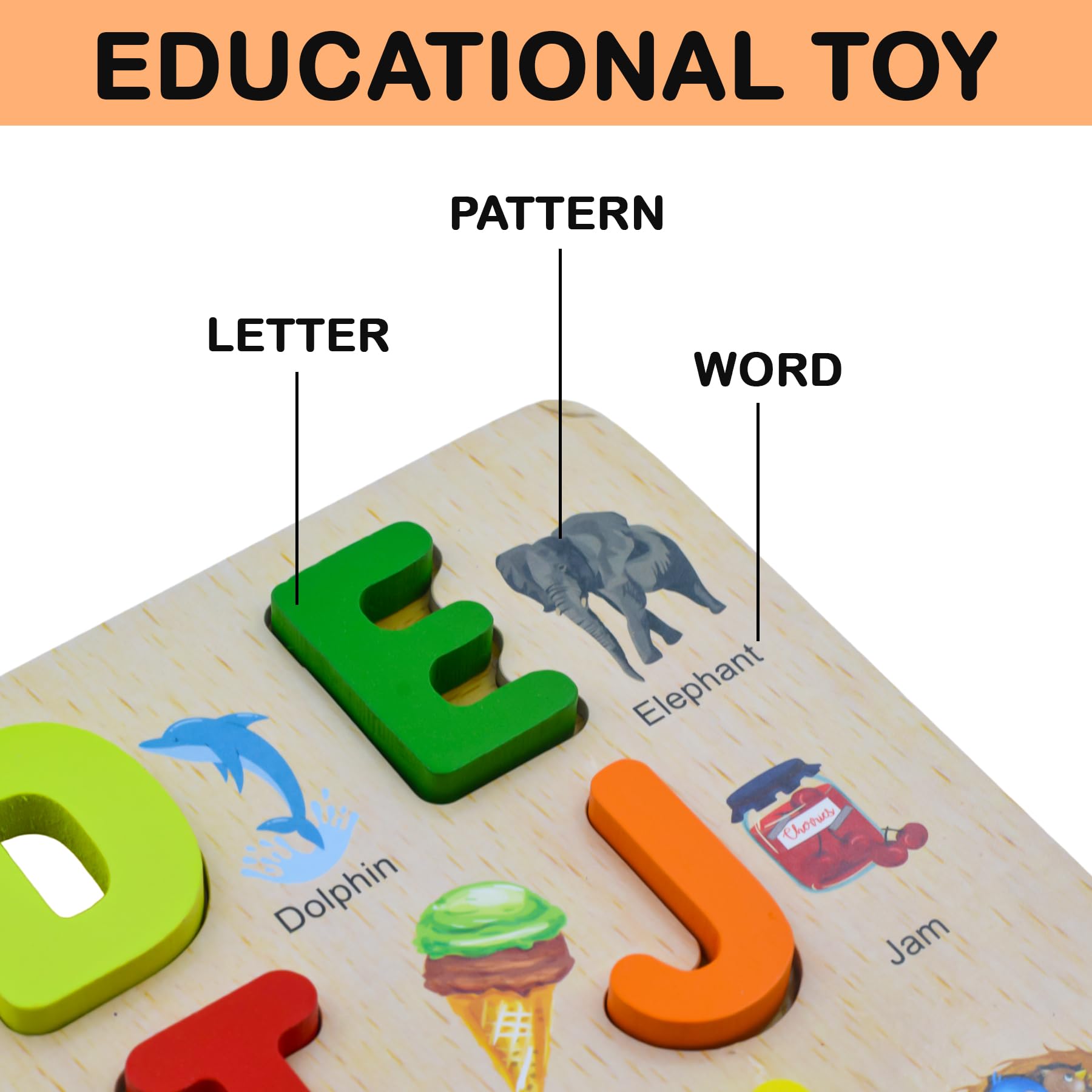 WISHKEY 3D Wooden Capital Alphabet & Number Board Puzzles with Pictures,Set of 2 Montessori Educational Learning Letters Toy for Pre Schooler Kids Boys & Girls(Pack of 2, Multicolor) 3